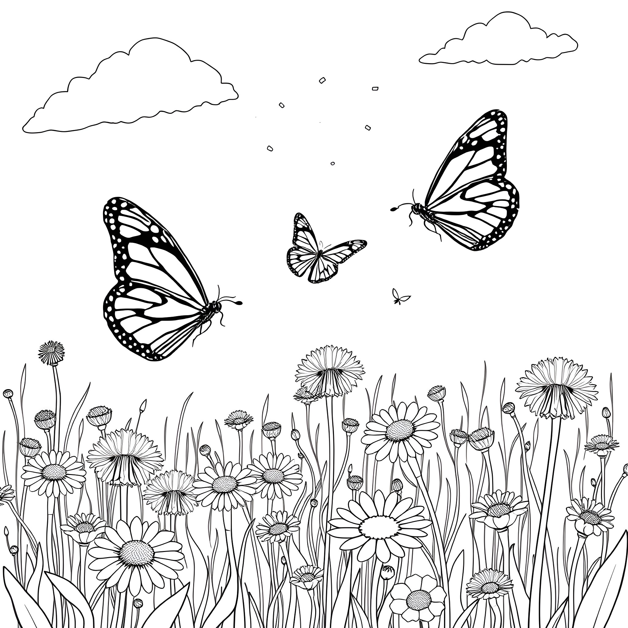 Butterfly Sanctuary: Butterflies Soaring Through a Floral Meadow Coloring Page (free black-and-white line drawing printable PDF for all, from beginners to advanced learners, including children, teens, adults, and seniors)