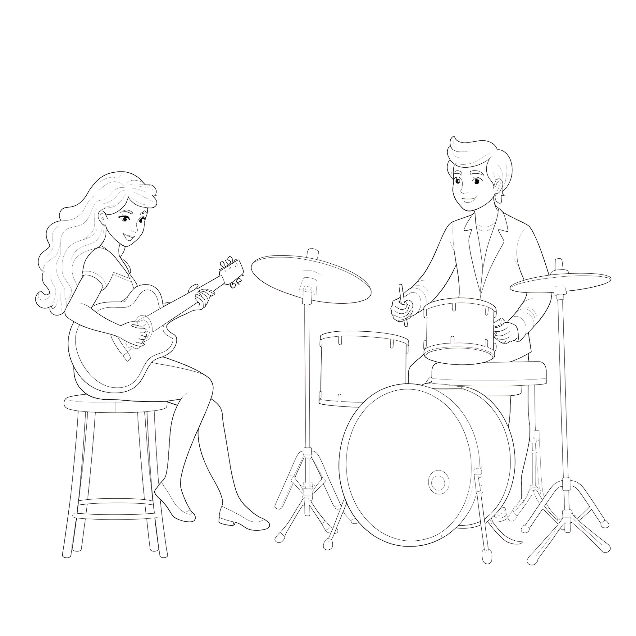 Princess Performing with Band Member on Stage Coloring Page (free black-and-white line drawing printable PDF for all, from beginners to advanced learners, including children, teens, adults, and seniors)