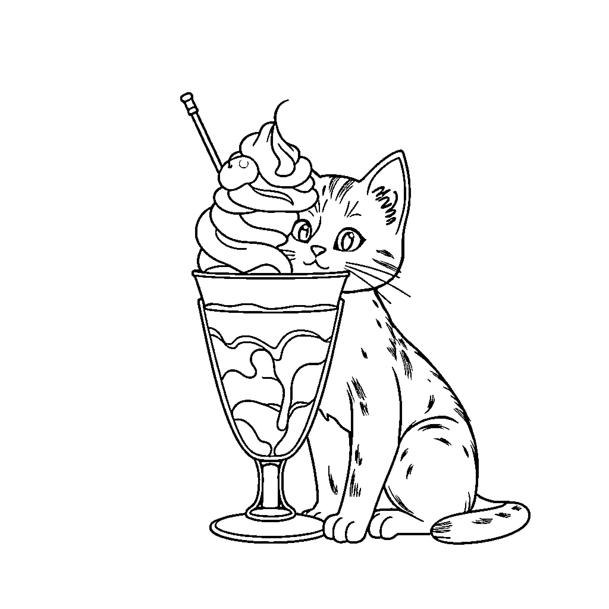 Cat enjoys a sweet treat in a glass Coloring Page (free black-and-white line drawing printable PDF for all, from beginners to advanced learners, including children, teens, adults, and seniors)