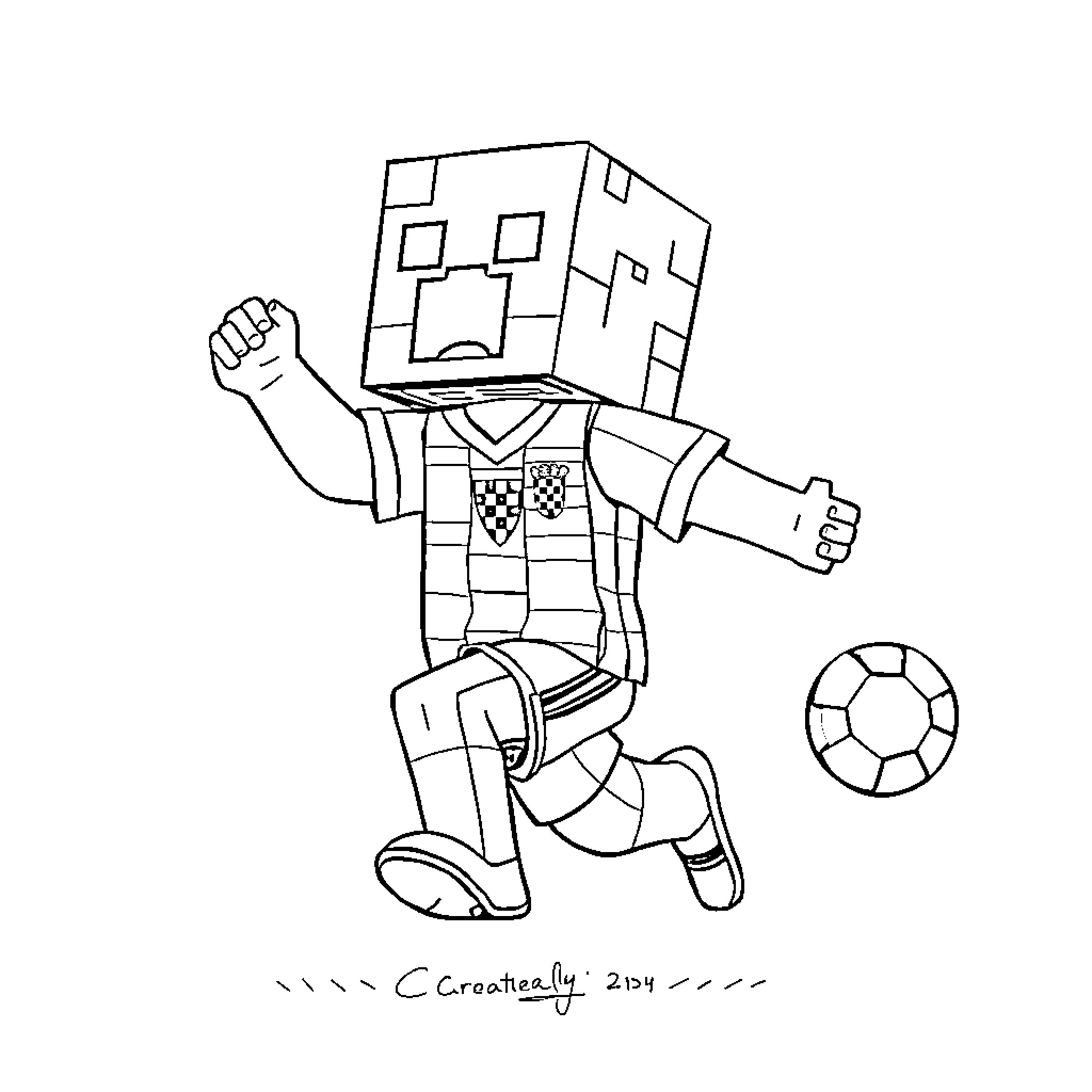 Creeper Character Playing with Soccer Ball Coloring Page (free black-and-white line drawing printable PDF for all, from beginners to advanced learners, including children, teens, adults, and seniors)