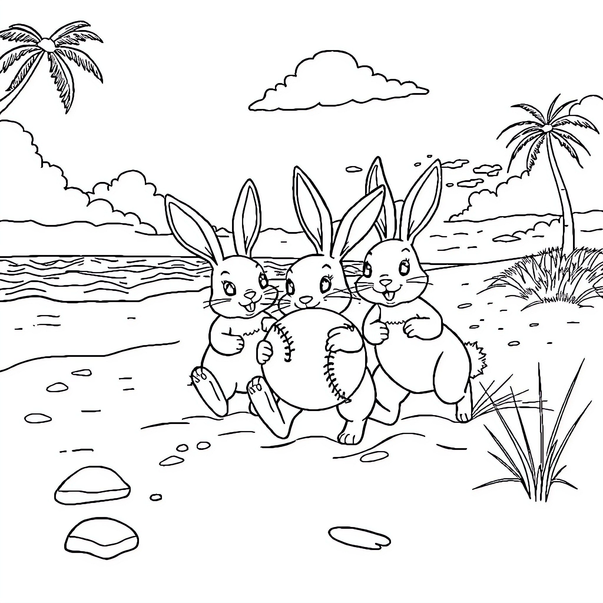 Bunnies playing on the beach Coloring Page (free black-and-white line drawing printable PDF for all, from beginners to advanced learners, including children, teens, adults, and seniors)