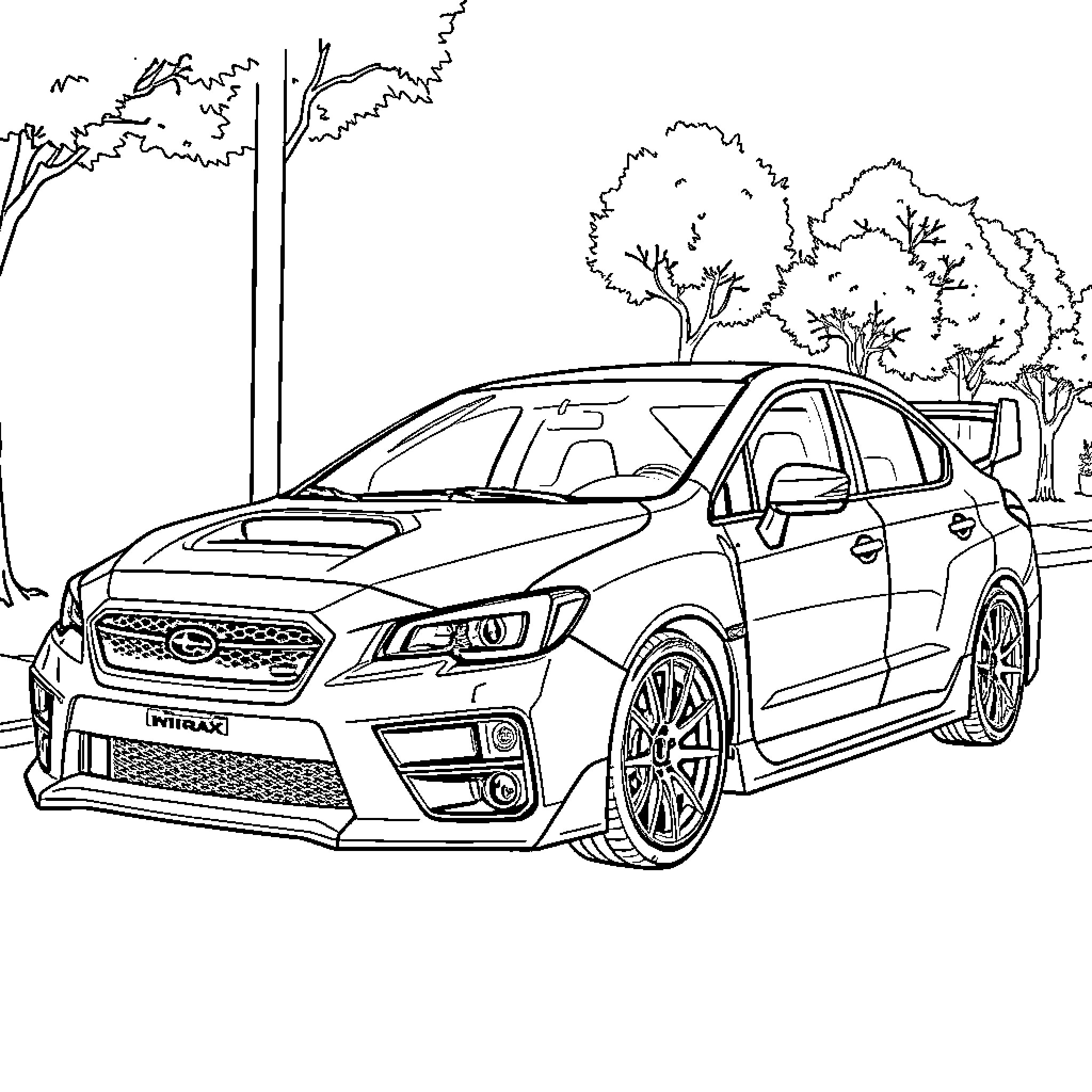 Subaru vehicle in nature landscape Coloring Page (free black-and-white line drawing printable PDF for all, from beginners to advanced learners, including children, teens, adults, and seniors)