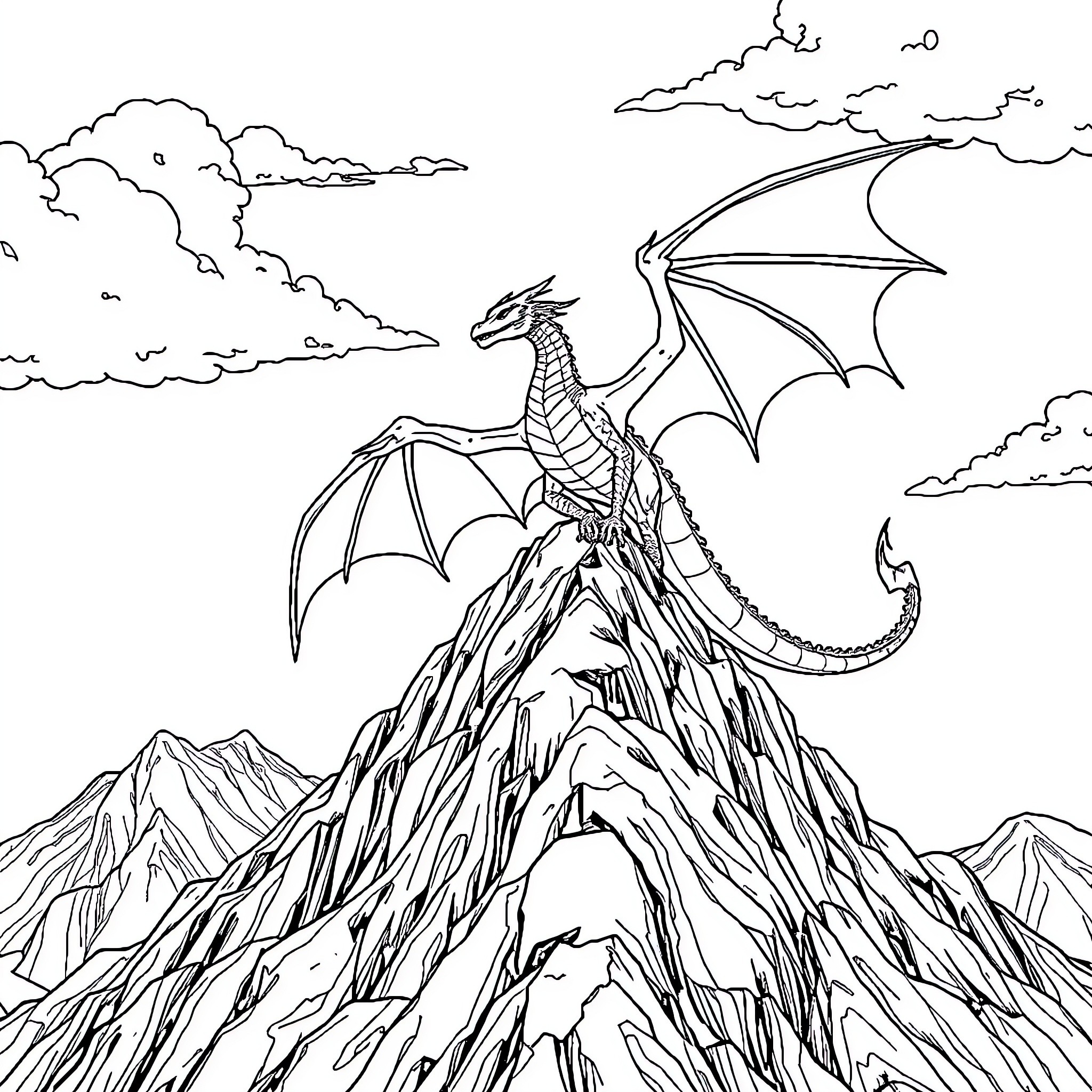 Dragon soaring over majestic mountain peaks Coloring Page (free black-and-white line drawing printable PDF for all, from beginners to advanced learners, including children, teens, adults, and seniors)