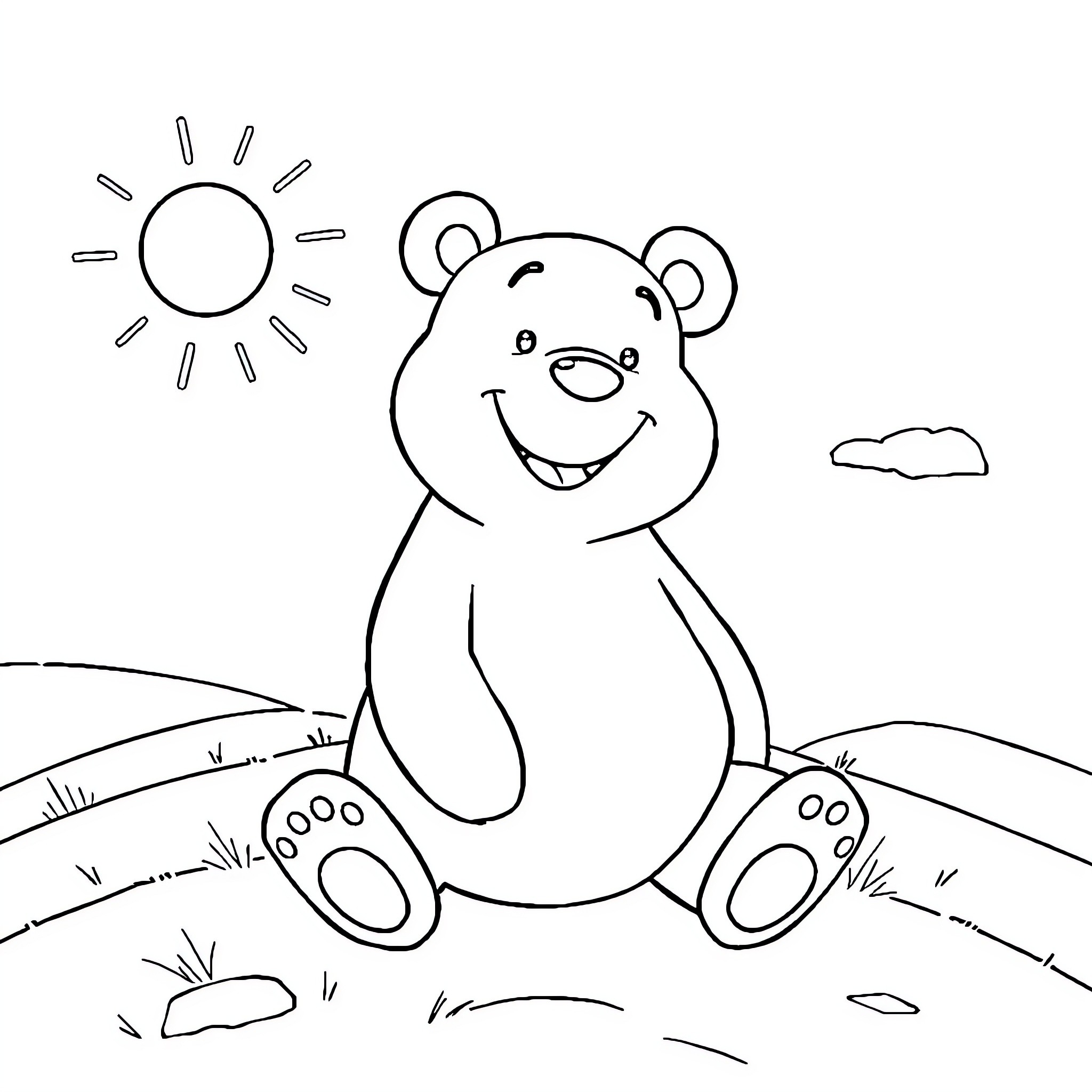 Winnie the happy bear in the sunny outdoors Coloring Page (free black-and-white line drawing printable PDF for all, from beginners to advanced learners, including children, teens, adults, and seniors)