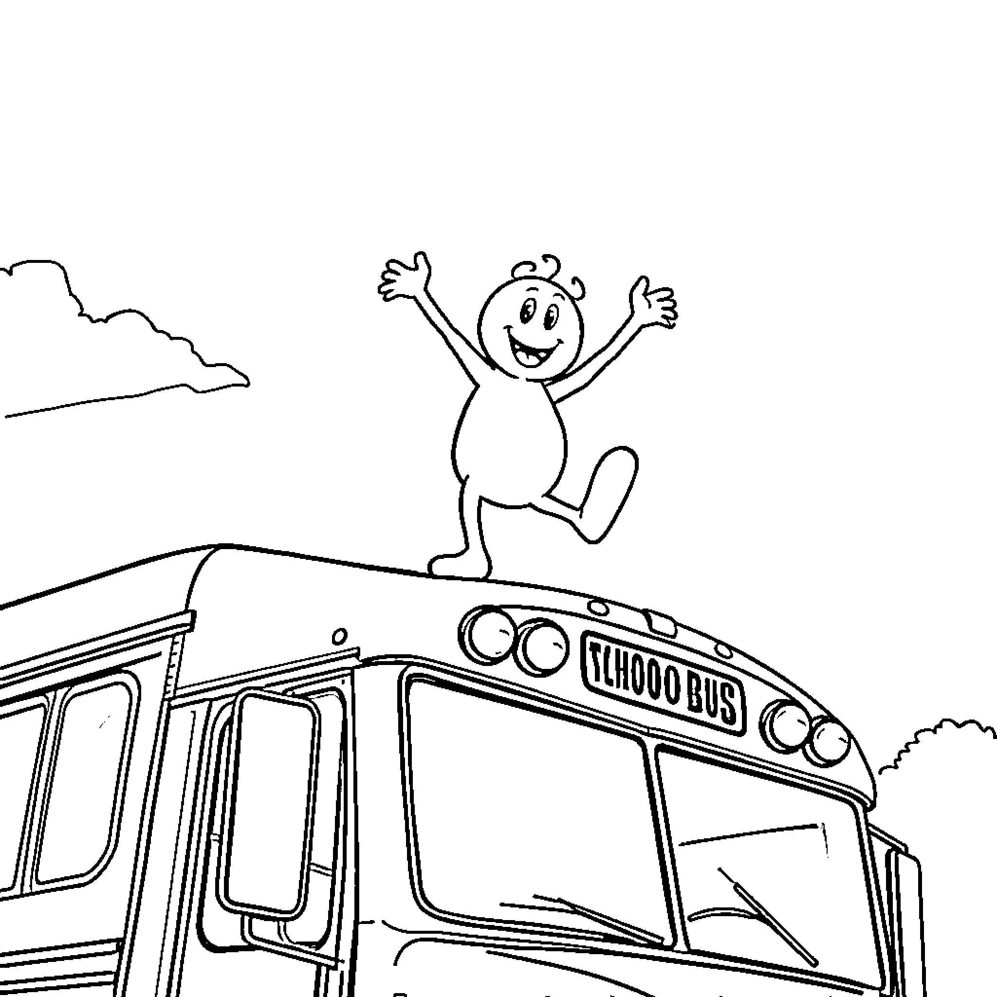 Bluey jumping joyfully on a school bus Coloring Page (free black-and-white line drawing printable PDF for all, from beginners to advanced learners, including children, teens, adults, and seniors)
