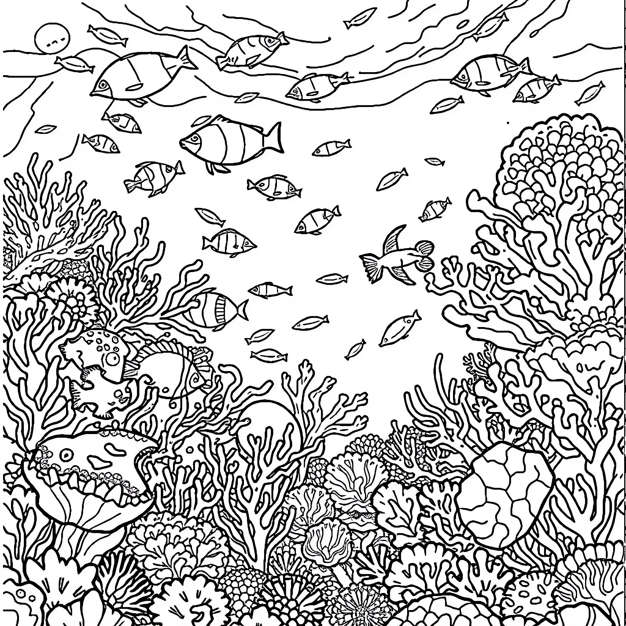 Coral Reef Underwater Scene Coloring Page (free black-and-white line drawing printable PDF for all, from beginners to advanced learners, including children, teens, adults, and seniors)