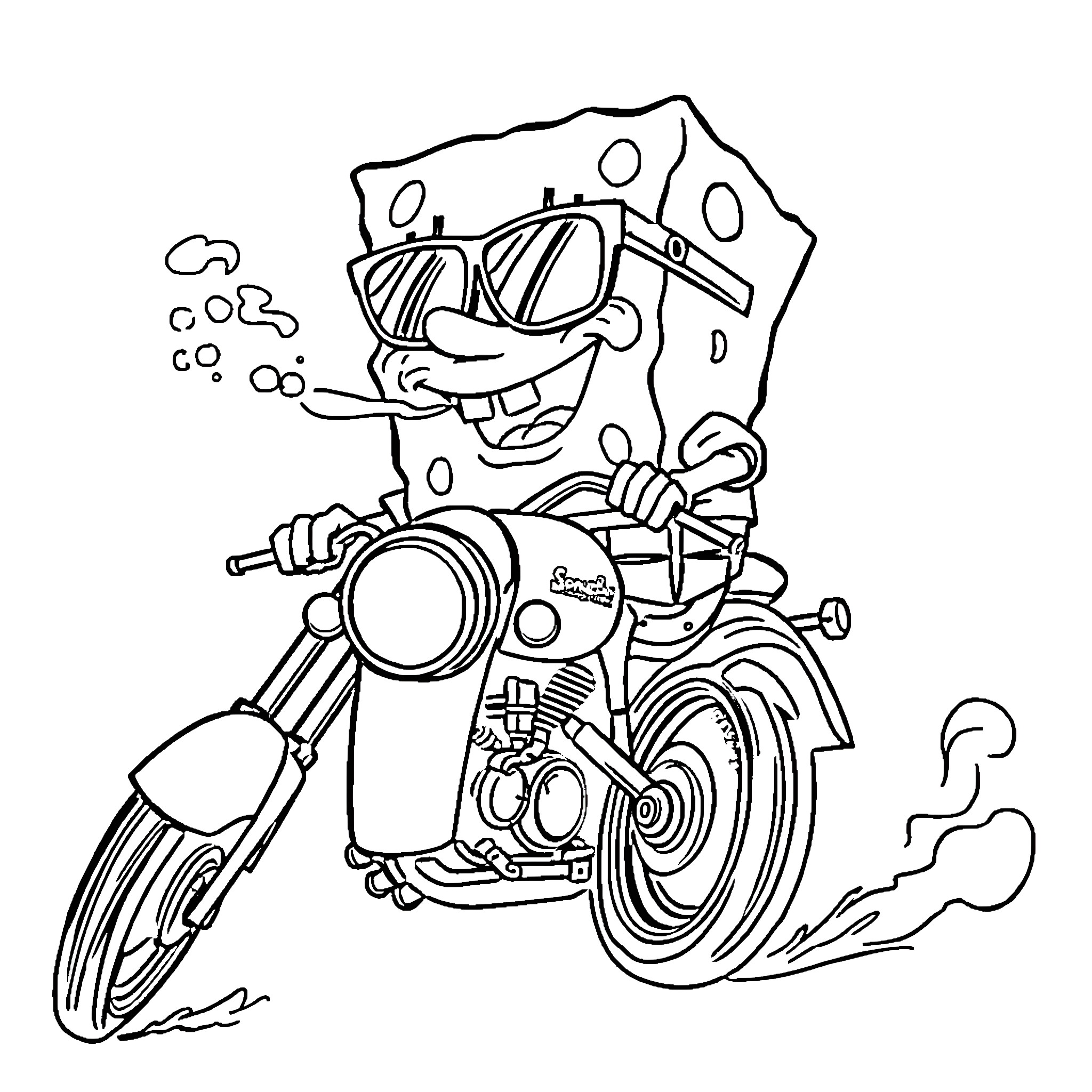 Spongebob riding a motorcycle with excitement Coloring Page (free black-and-white line drawing printable PDF for all, from beginners to advanced learners, including children, teens, adults, and seniors)