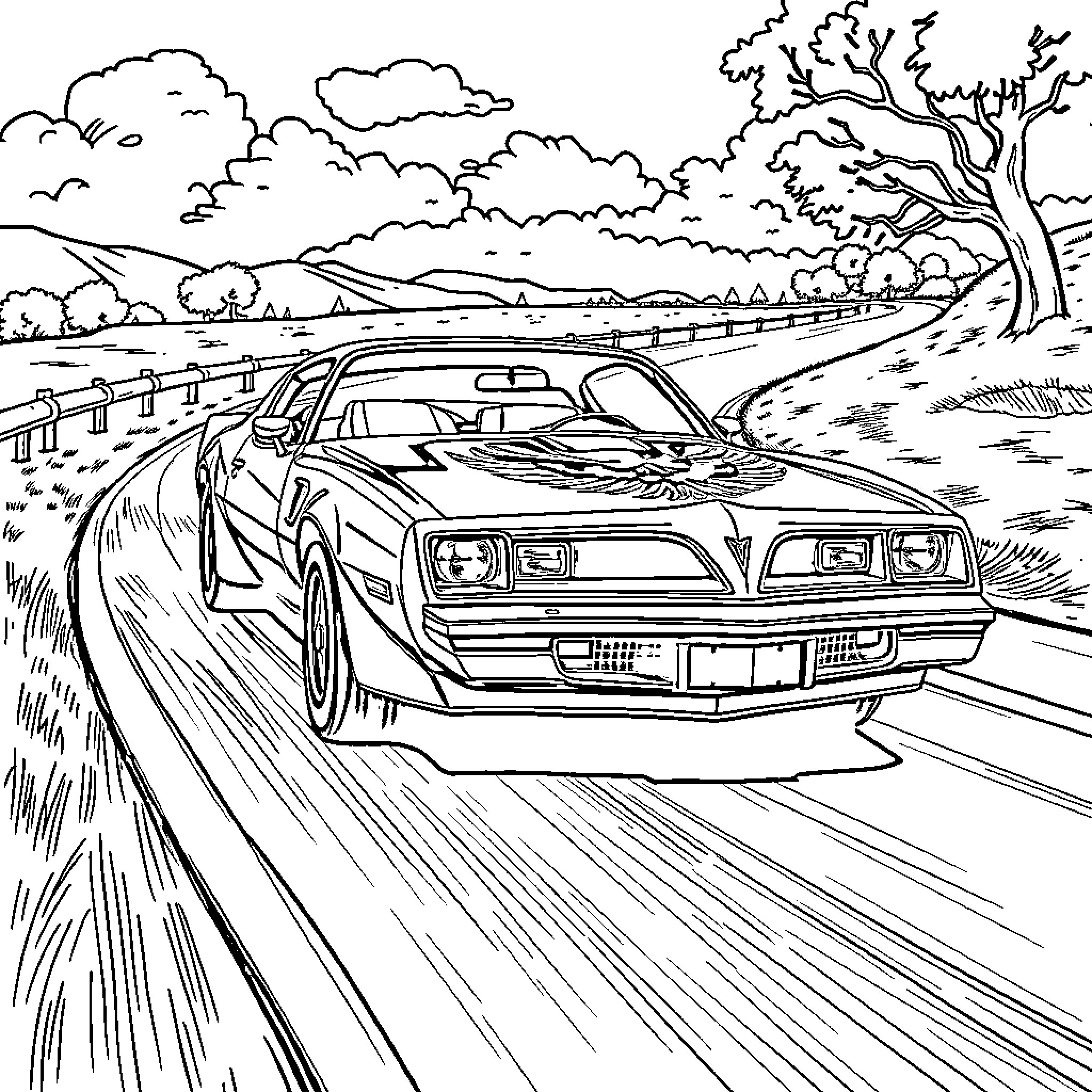 Pontiac Firebird on a winding rural road Coloring Page (free black-and-white line drawing printable PDF for all, from beginners to advanced learners, including children, teens, adults, and seniors)