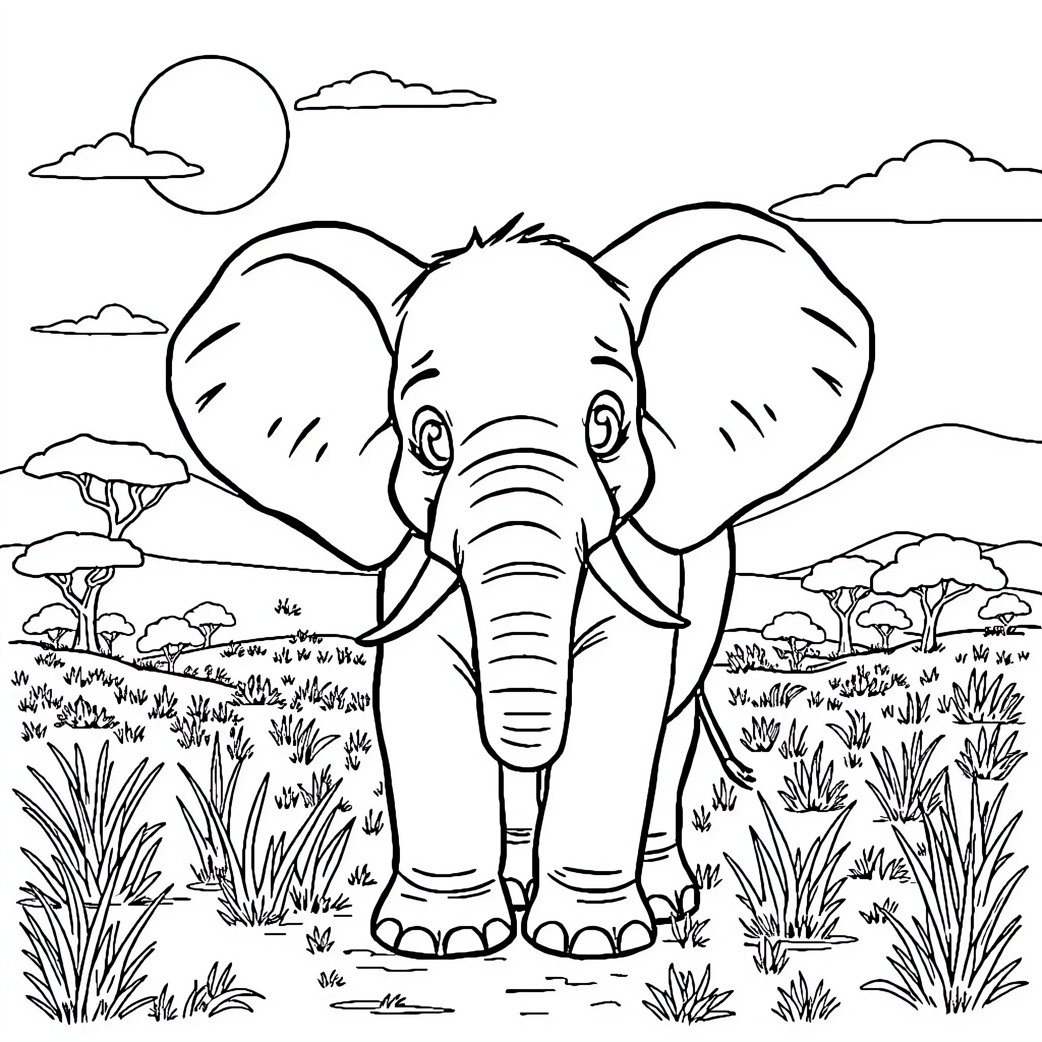 Elephant exploring the serene African landscape Coloring Page (free black-and-white line drawing printable PDF for all, from beginners to advanced learners, including children, teens, adults, and seniors)