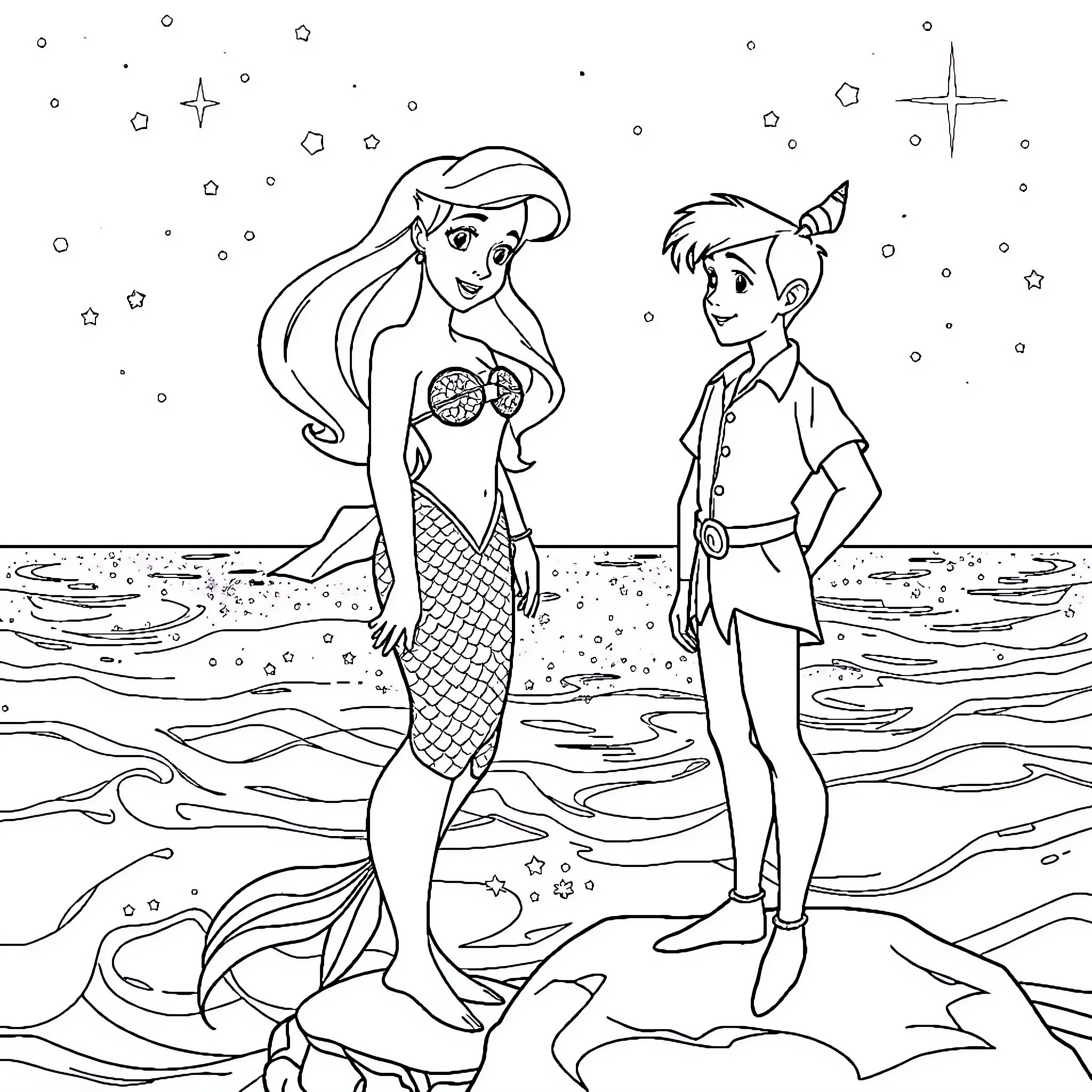 Ariel and Peter Pan by the sea Coloring Page (free black-and-white line drawing printable PDF for all, from beginners to advanced learners, including children, teens, adults, and seniors)