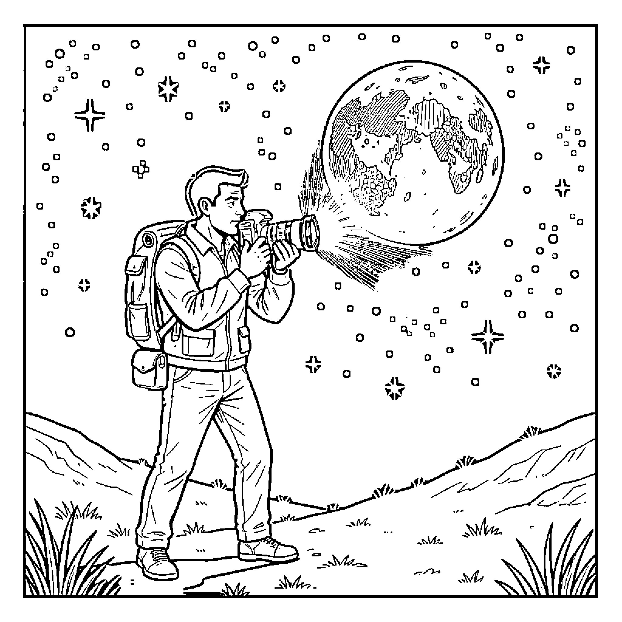 Thomas Ramos photographing the earth from a landscape Coloring Page (free black-and-white line drawing printable PDF for all, from beginners to advanced learners, including children, teens, adults, and seniors)