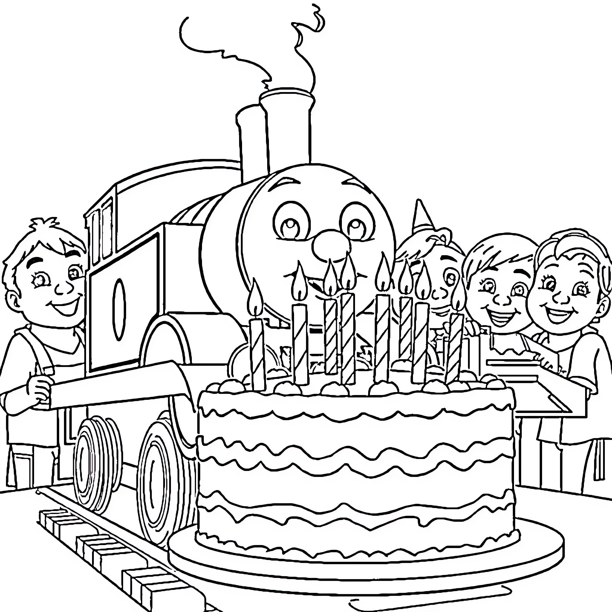 Thomas and the Birthday Train Celebration Coloring Page (free black-and-white line drawing printable PDF for all, from beginners to advanced learners, including children, teens, adults, and seniors)