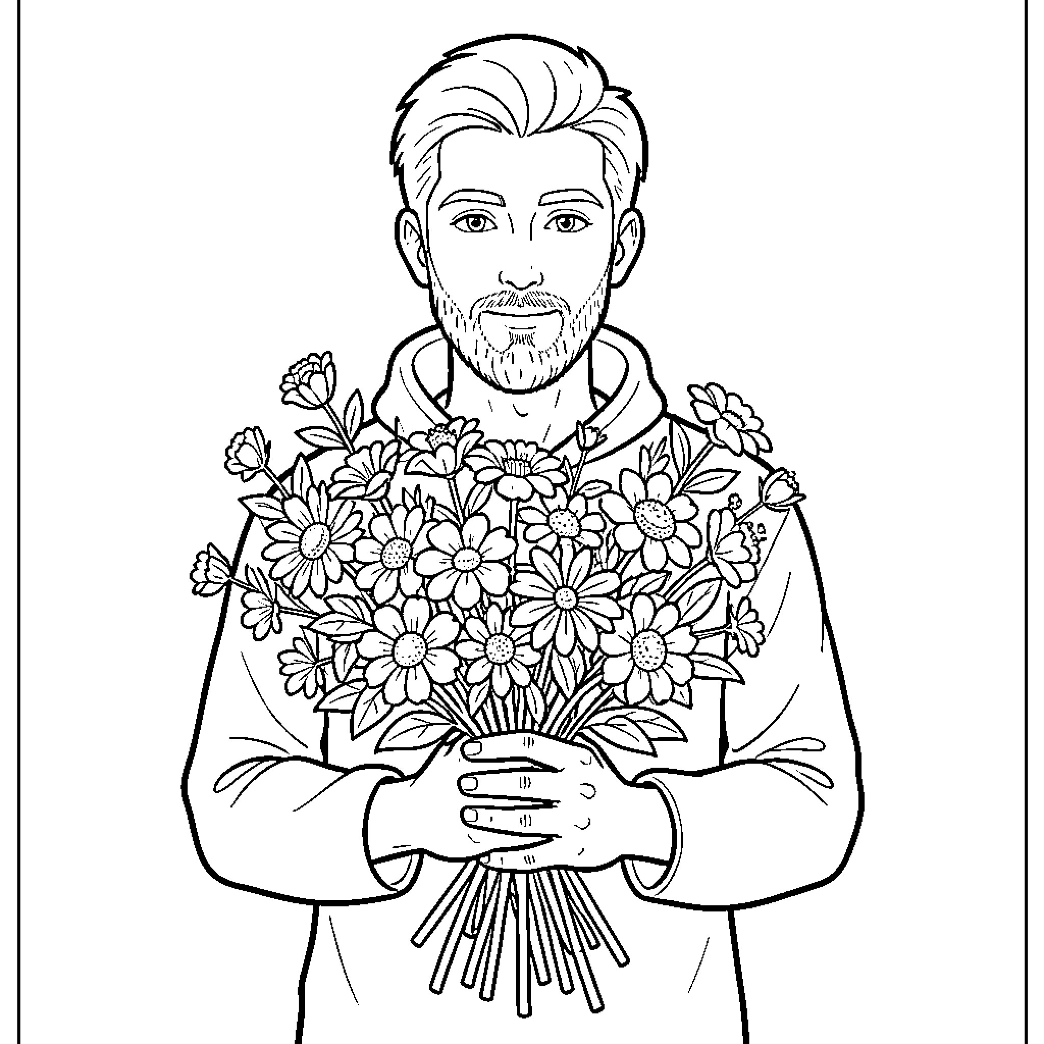 Hakimi holding a large bouquet of flowers Coloring Page (free black-and-white line drawing printable PDF for all, from beginners to advanced learners, including children, teens, adults, and seniors)