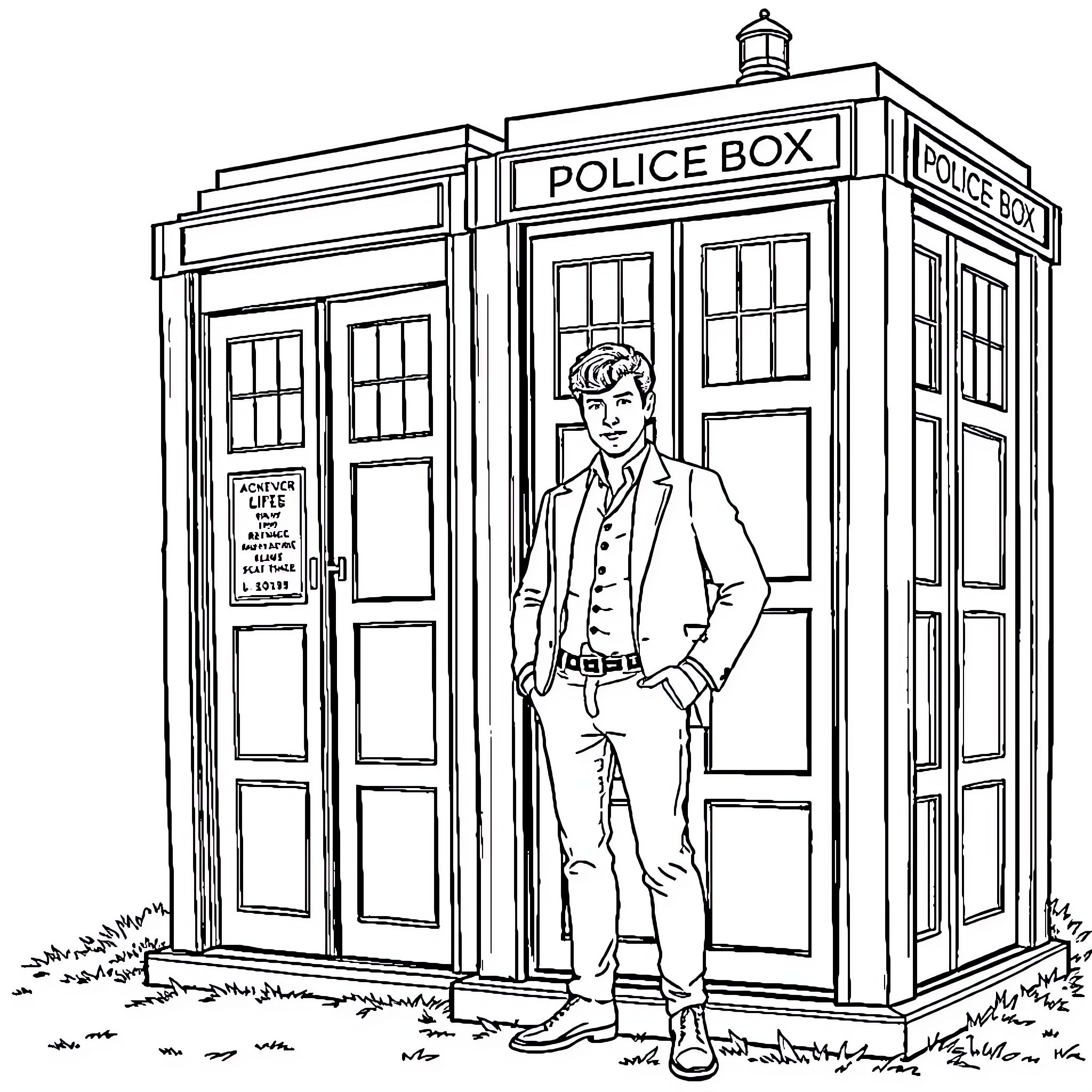 Doctor Who standing in front of the iconic police box Coloring Page (free black-and-white line drawing printable PDF for all, from beginners to advanced learners, including children, teens, adults, and seniors)