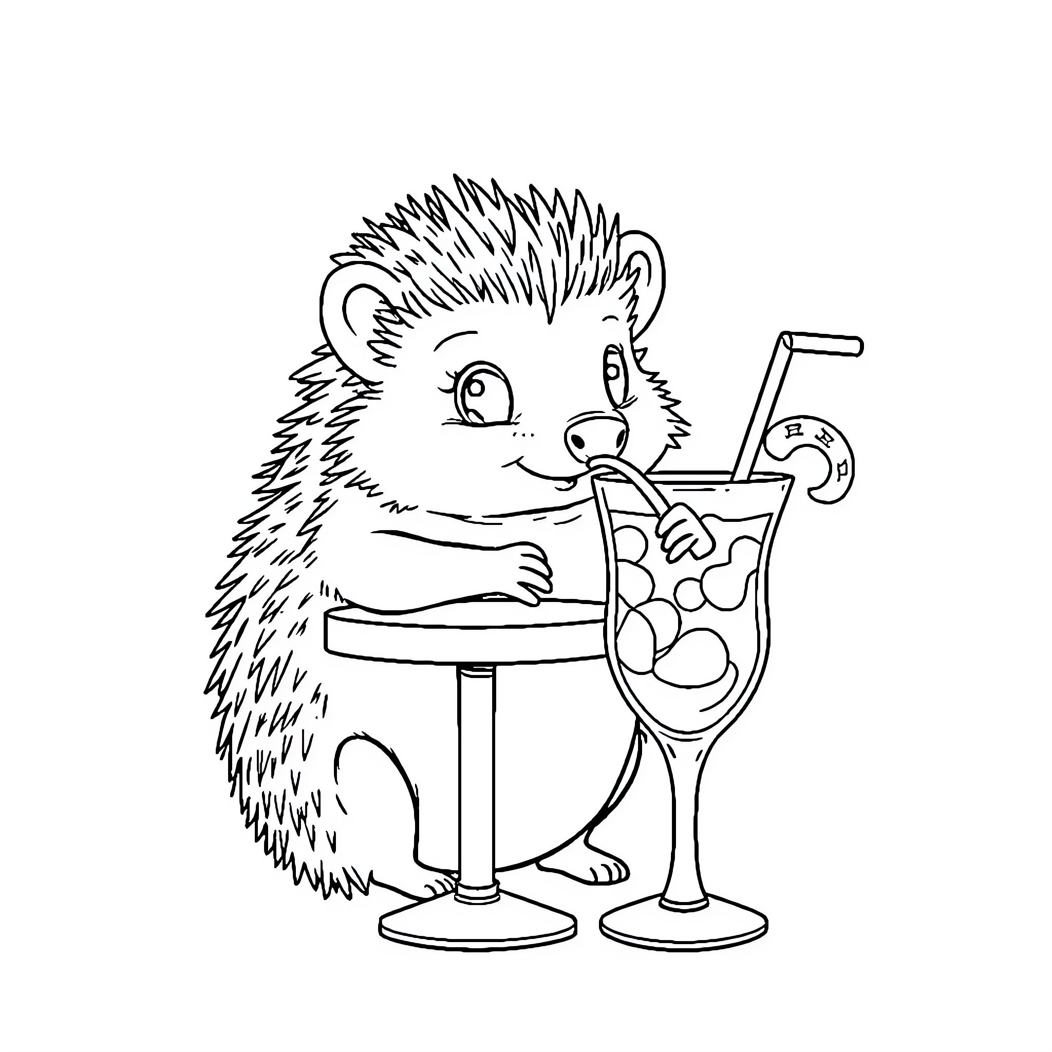 Hedgehog enjoying a refreshing drink Coloring Page (free black-and-white line drawing printable PDF for all, from beginners to advanced learners, including children, teens, adults, and seniors)