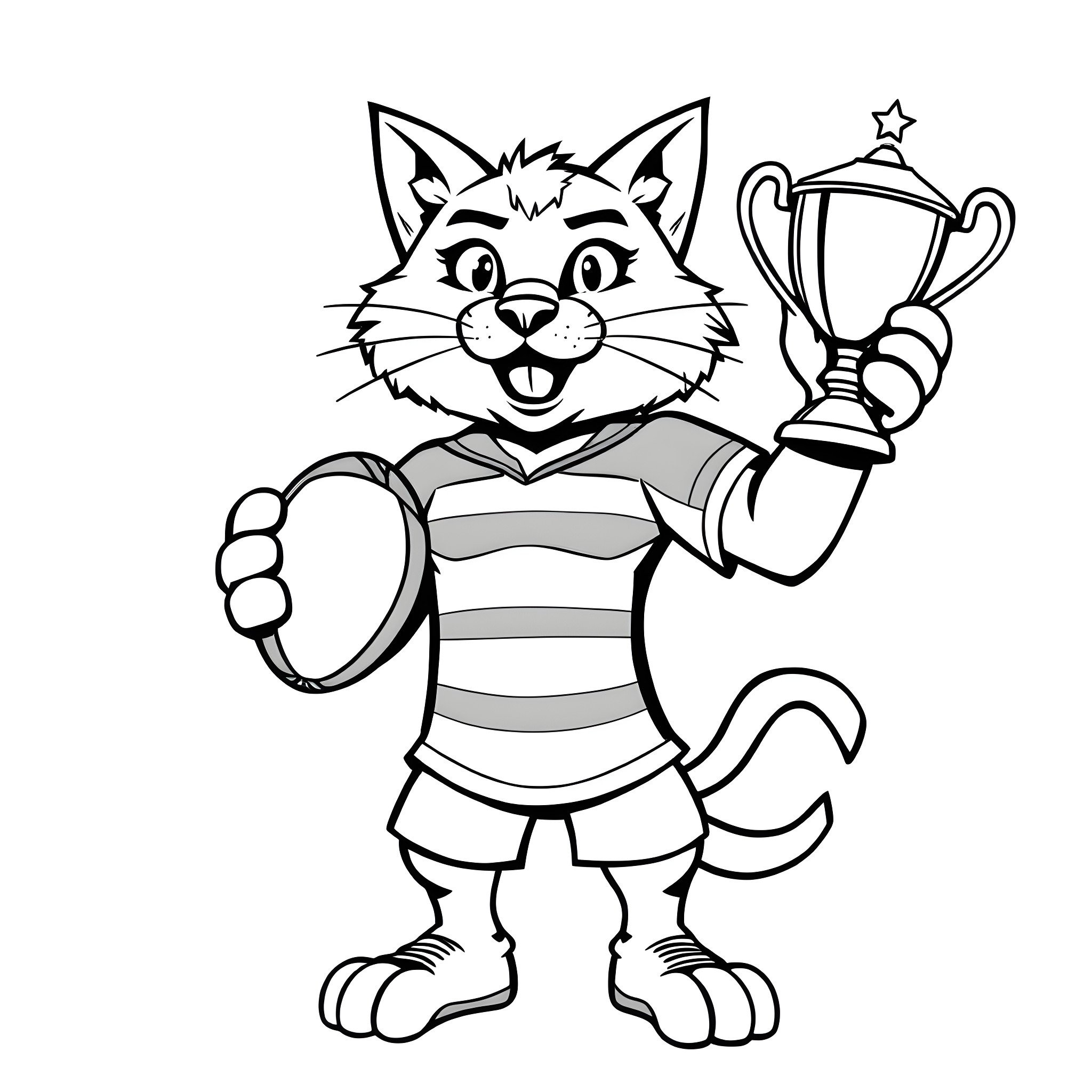 Cat champion holding trophy happily Coloring Page (free black-and-white line drawing printable PDF for all, from beginners to advanced learners, including children, teens, adults, and seniors)