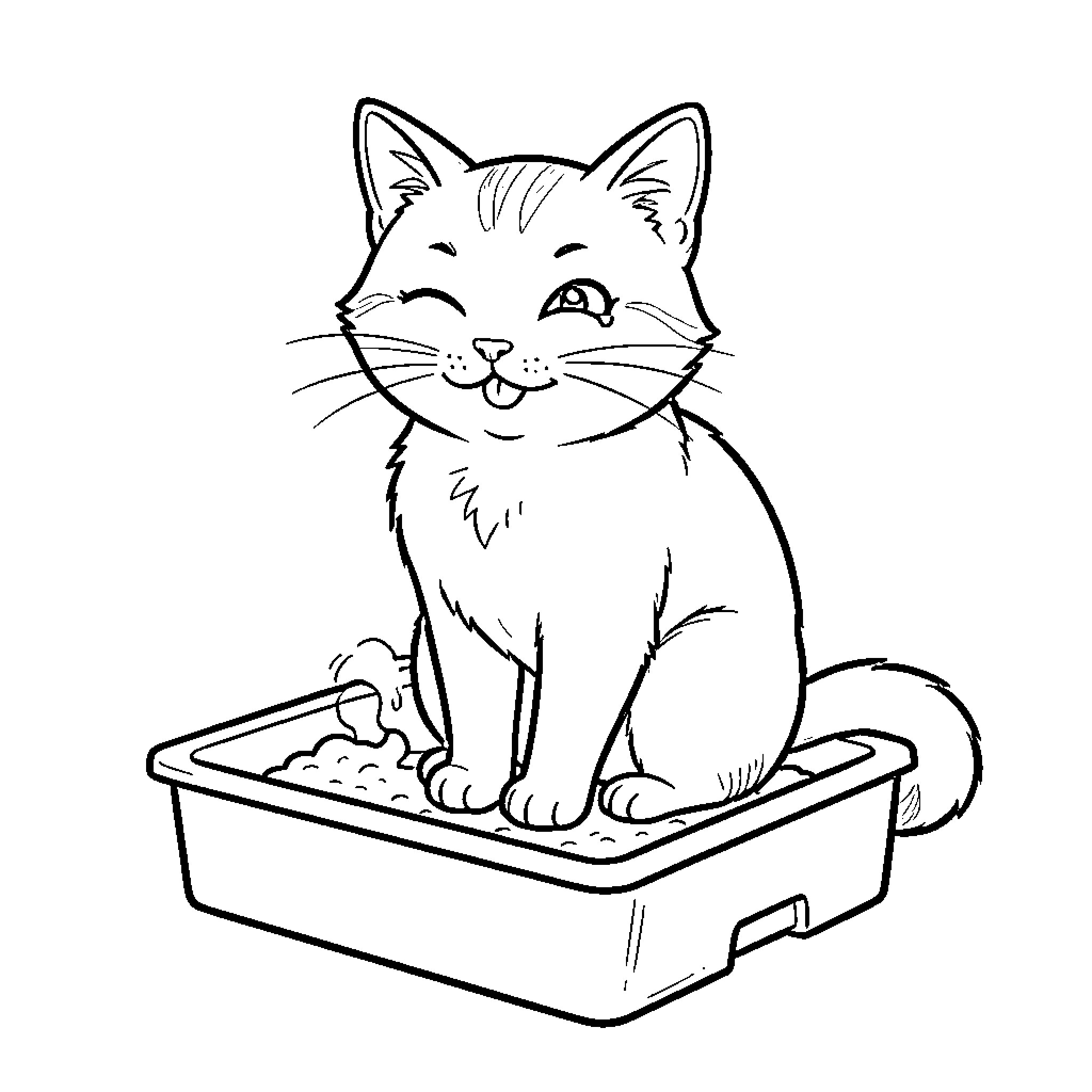 Cat sitting in litter box Coloring Page (free black-and-white line drawing printable PDF for all, from beginners to advanced learners, including children, teens, adults, and seniors)