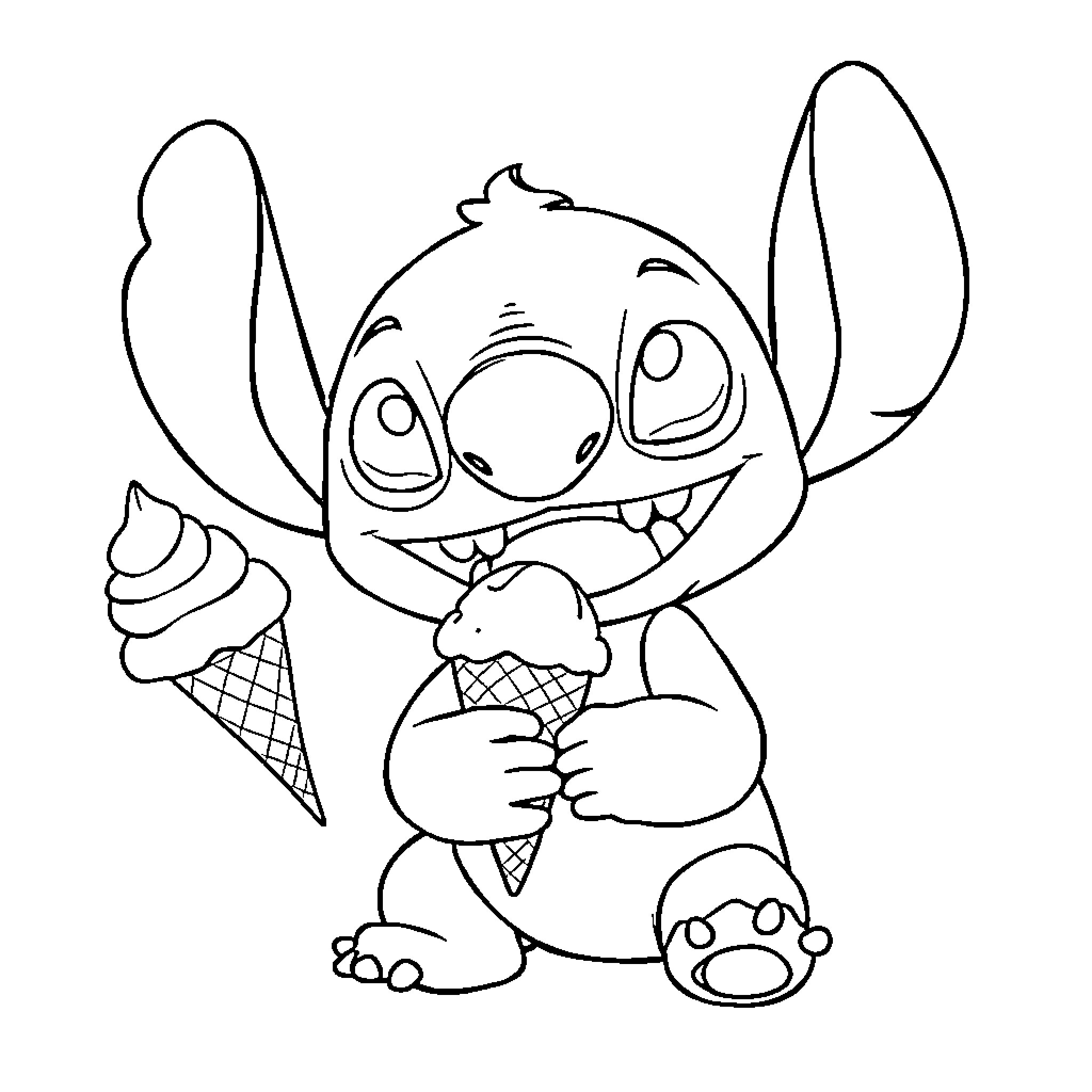 Stitch enjoying an ice cream treat Coloring Page (free black-and-white line drawing printable PDF for all, from beginners to advanced learners, including children, teens, adults, and seniors)