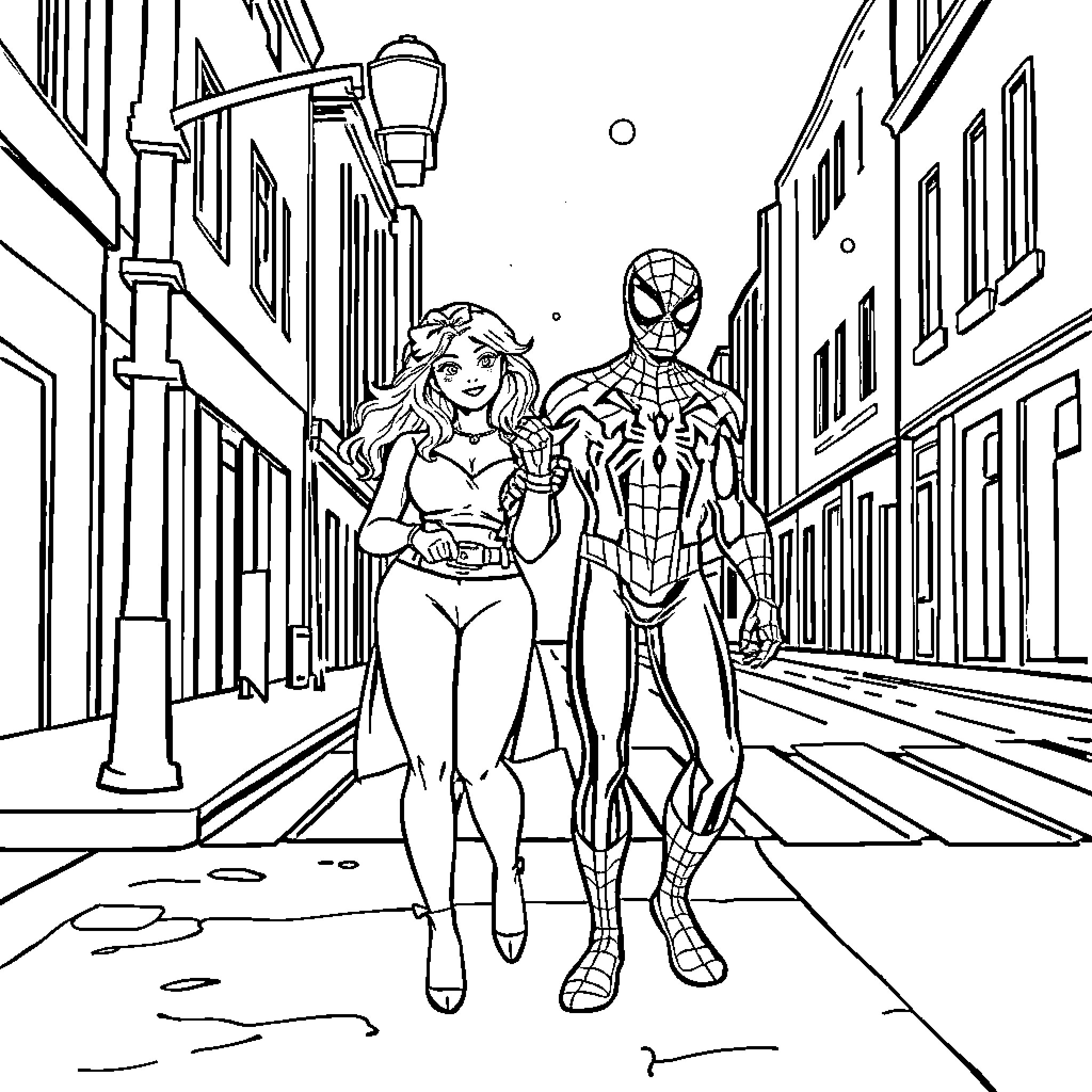 Spiderman rescues woman on city street Coloring Page (free black-and-white line drawing printable PDF for all, from beginners to advanced learners, including children, teens, adults, and seniors)