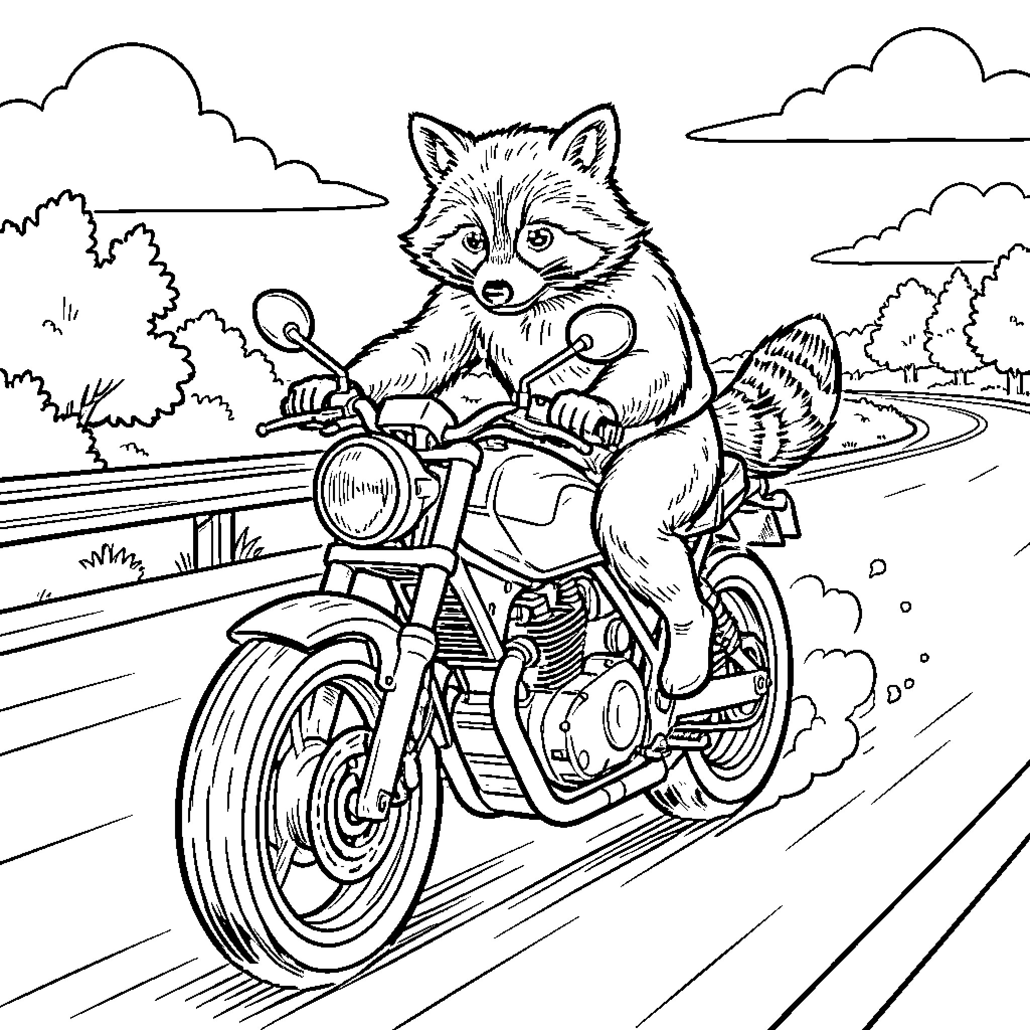Raccoon riding a motorcycle down a scenic road Coloring Page (free black-and-white line drawing printable PDF for all, from beginners to advanced learners, including children, teens, adults, and seniors)