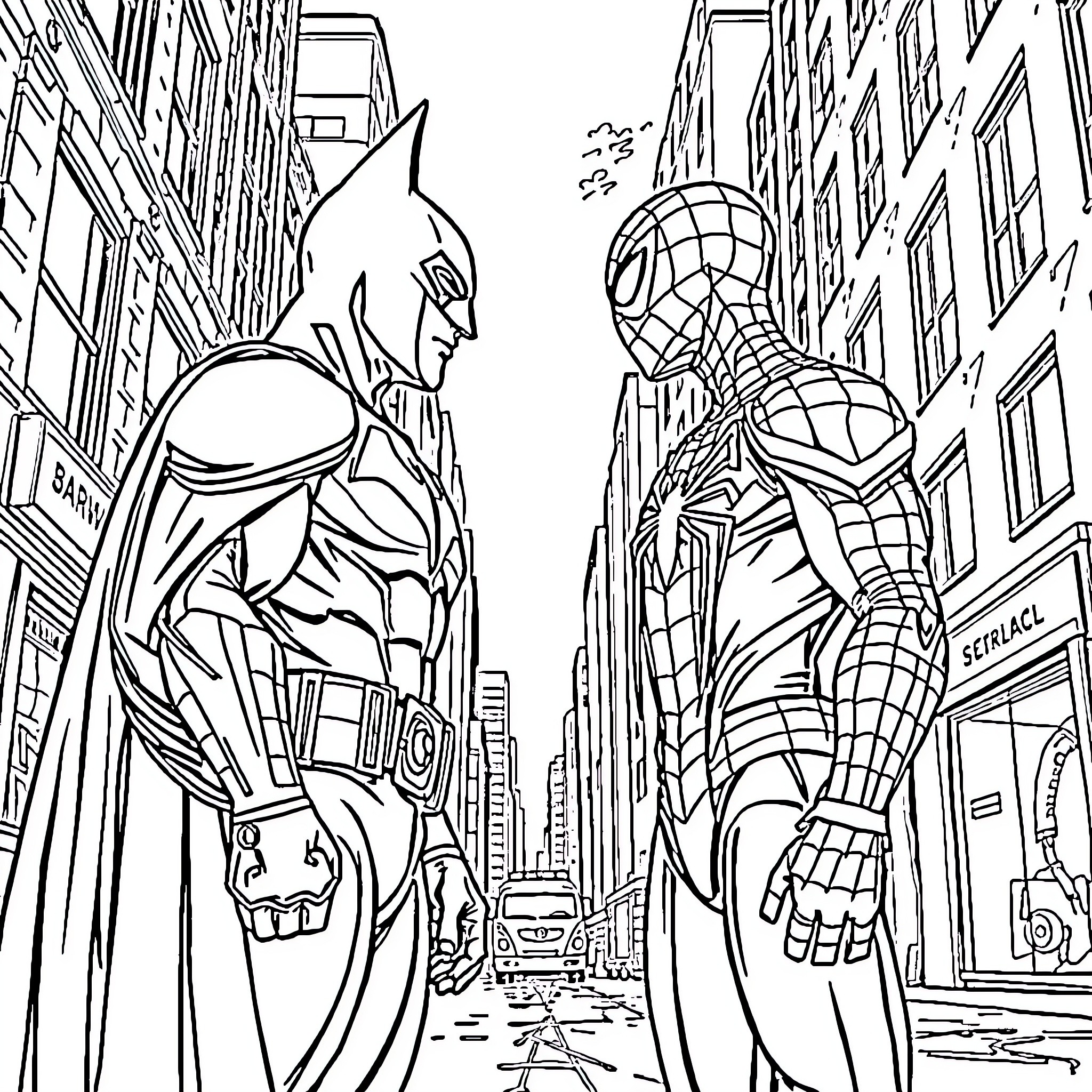 Batman and Spider-Man facing off in the city Coloring Page (free black-and-white line drawing printable PDF for all, from beginners to advanced learners, including children, teens, adults, and seniors)