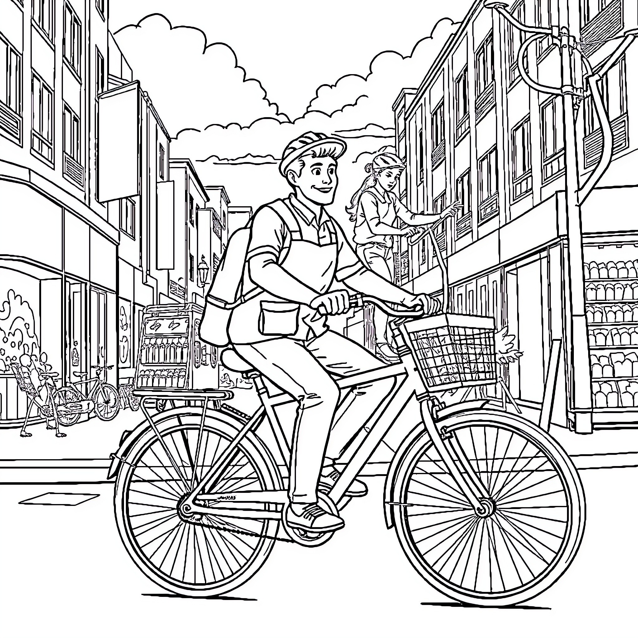 Supermarket workers commuting by bicycle in the city Coloring Page (free black-and-white line drawing printable PDF for all, from beginners to advanced learners, including children, teens, adults, and seniors)