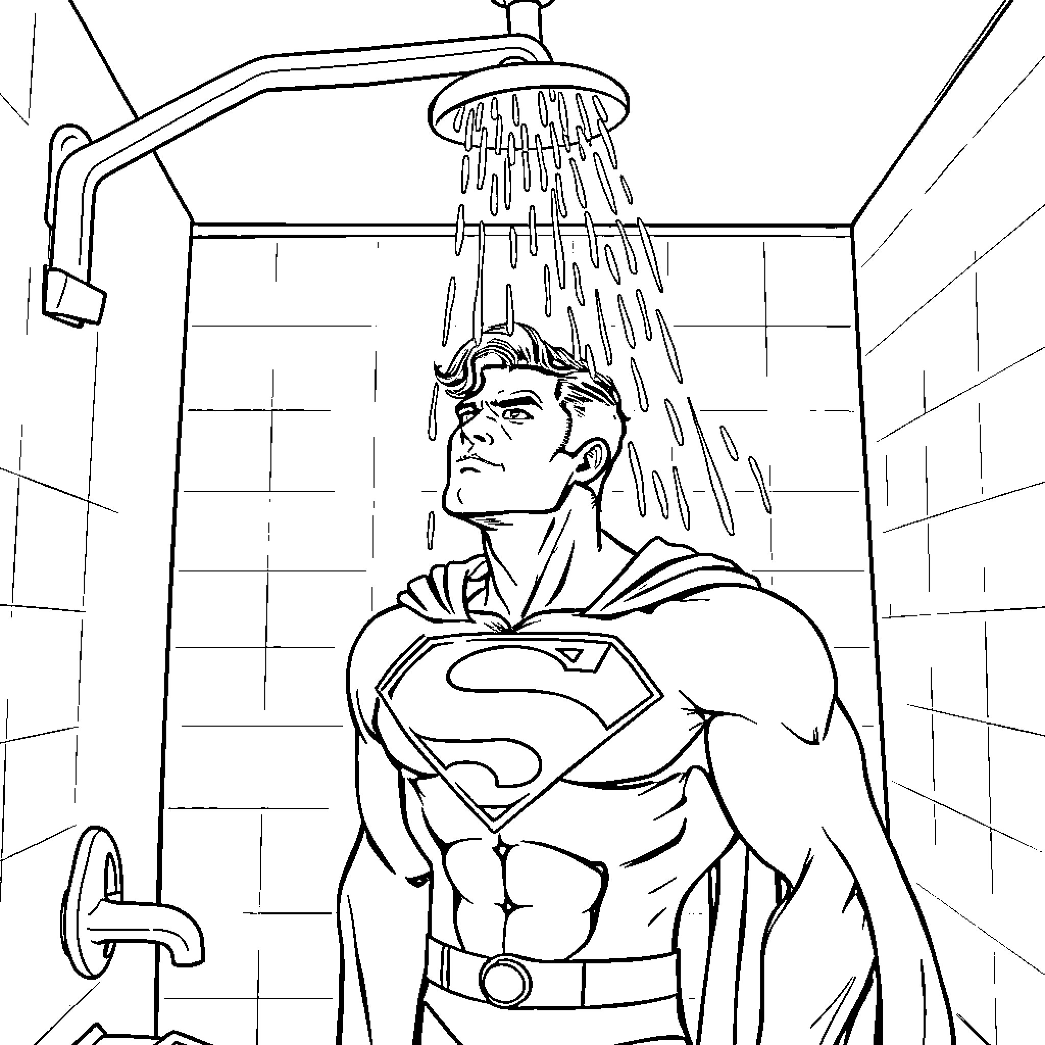 Superman taking a shower after a heroic day Coloring Page (free black-and-white line drawing printable PDF for all, from beginners to advanced learners, including children, teens, adults, and seniors)