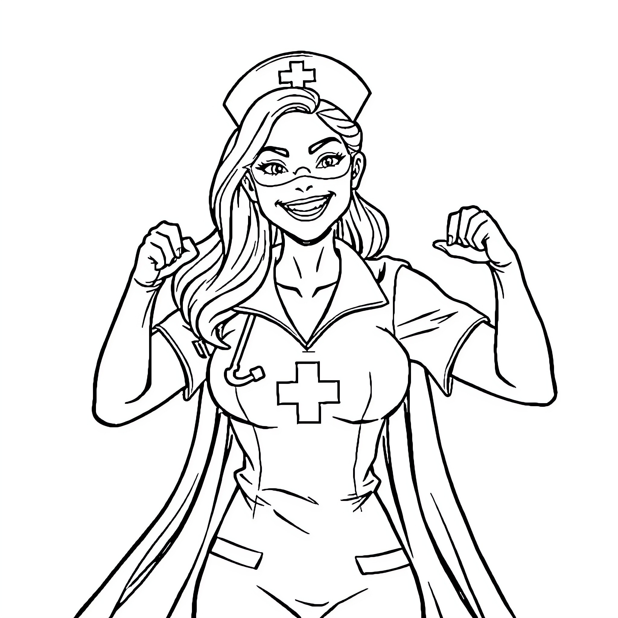 Wonder Woman Nurse Flexing Muscles in Uniform Coloring Page (free black-and-white line drawing printable PDF for all, from beginners to advanced learners, including children, teens, adults, and seniors)