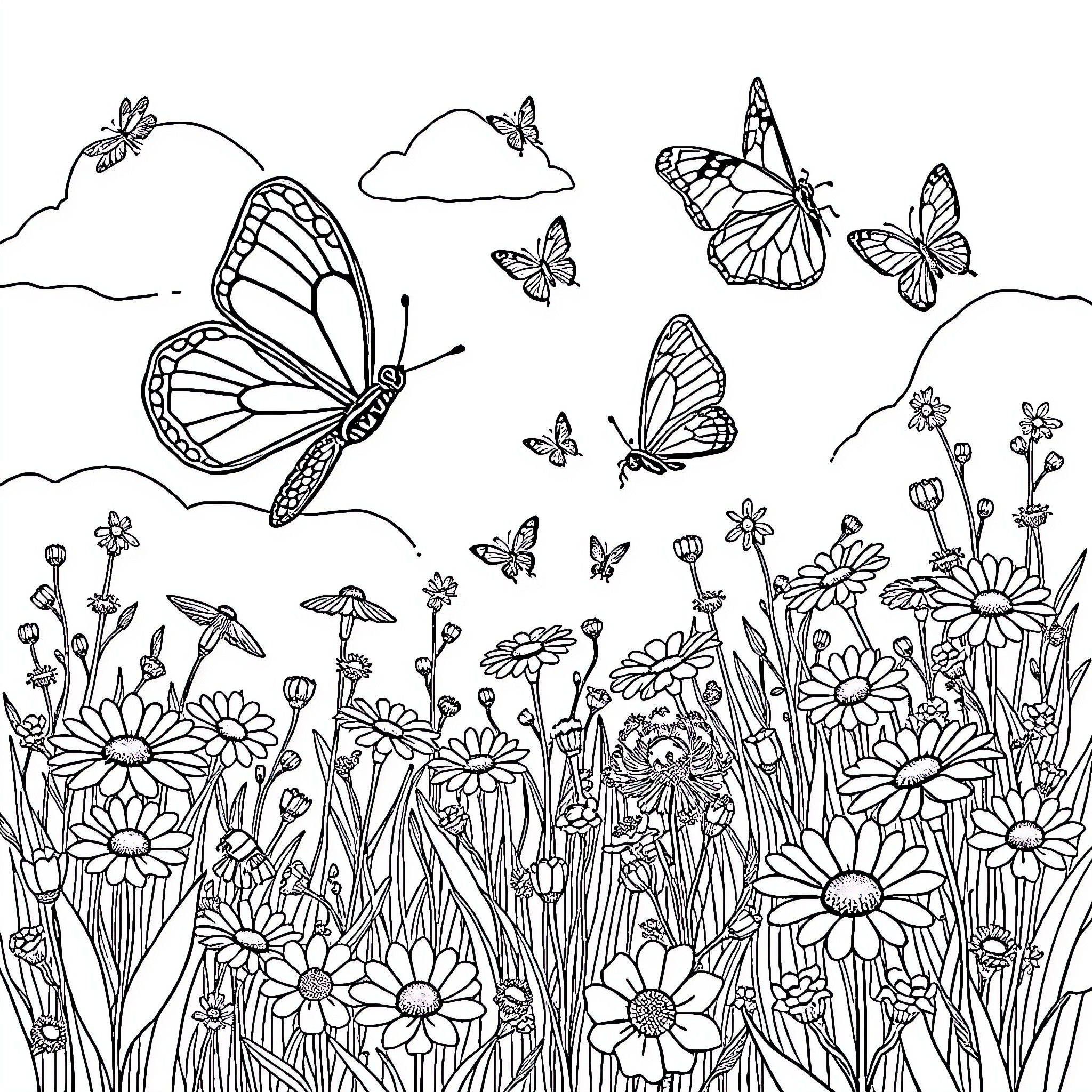 Butterfly Garden with Vibrant Flowers and Butterflies Coloring Page (free black-and-white line drawing printable PDF for all, from beginners to advanced learners, including children, teens, adults, and seniors)