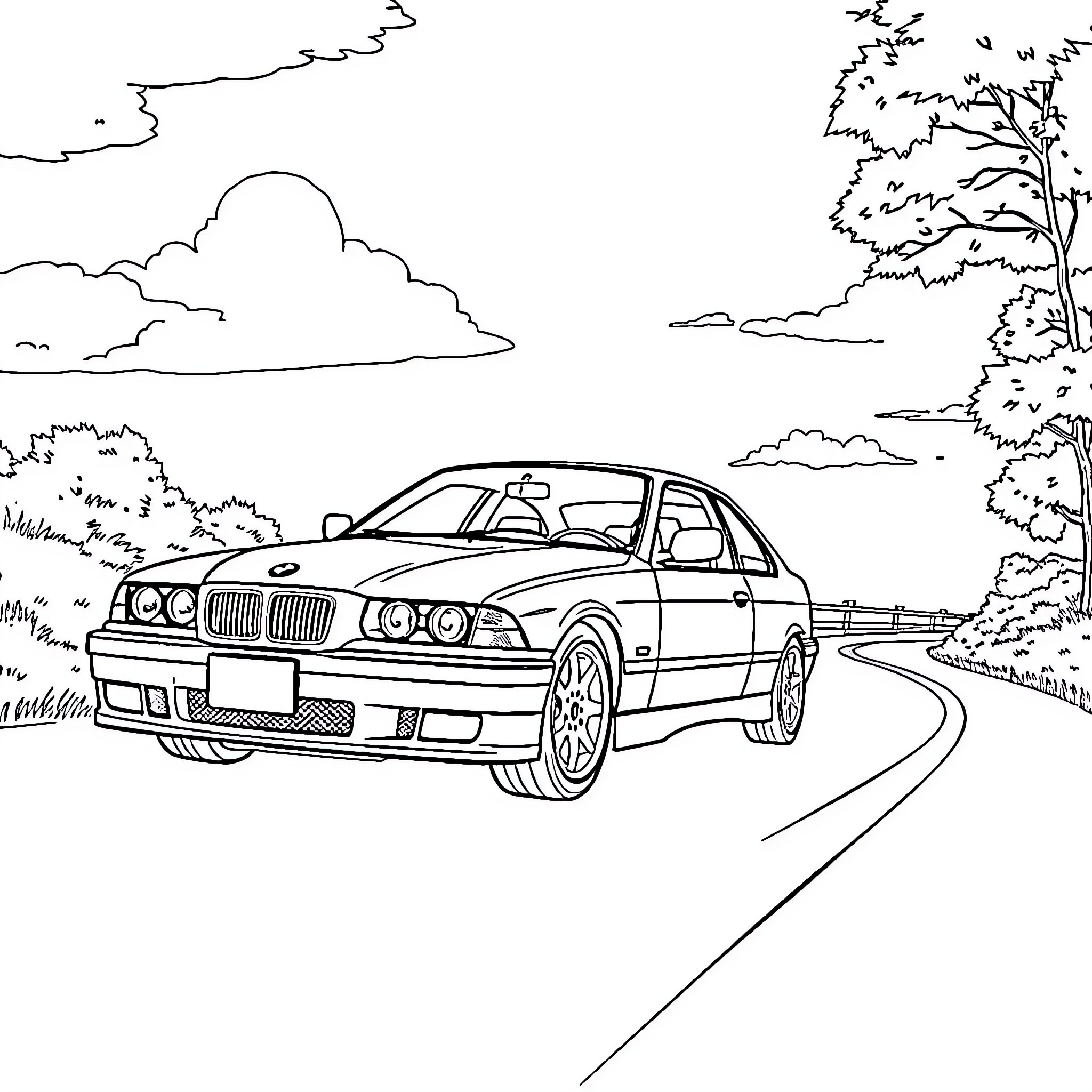 BMW 3 Series speeding down a winding road Coloring Page (free black-and-white line drawing printable PDF for all, from beginners to advanced learners, including children, teens, adults, and seniors)