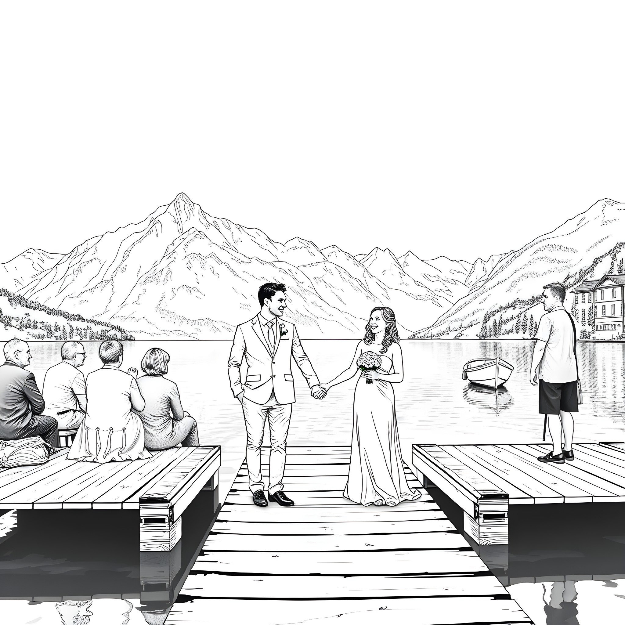 Couple's romantic moment by the lake with mountain view Coloring Page (free black-and-white line drawing printable PDF for all, from beginners to advanced learners, including children, teens, adults, and seniors)