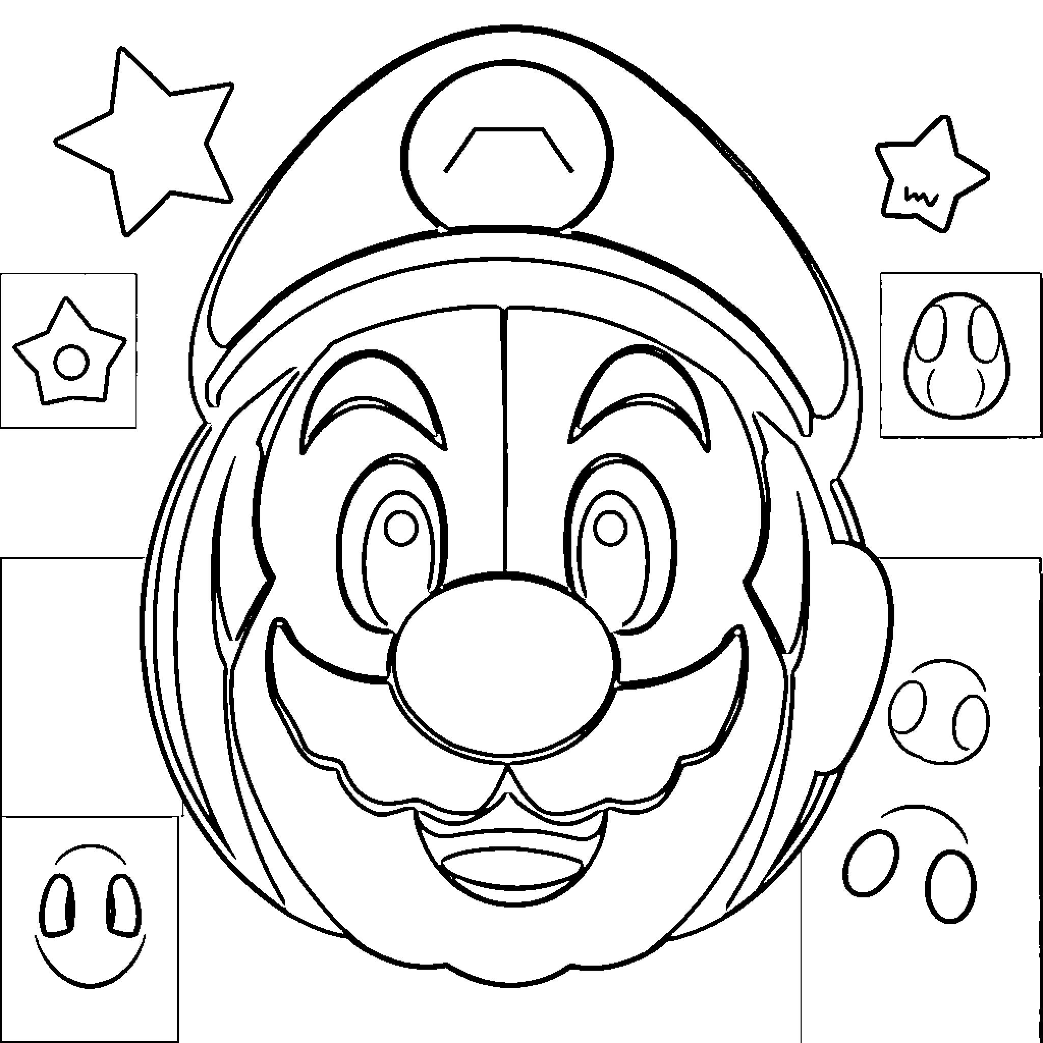 Mario's Smiling Face with Themed Decorations Coloring Page (free black-and-white line drawing printable PDF for all, from beginners to advanced learners, including children, teens, adults, and seniors)