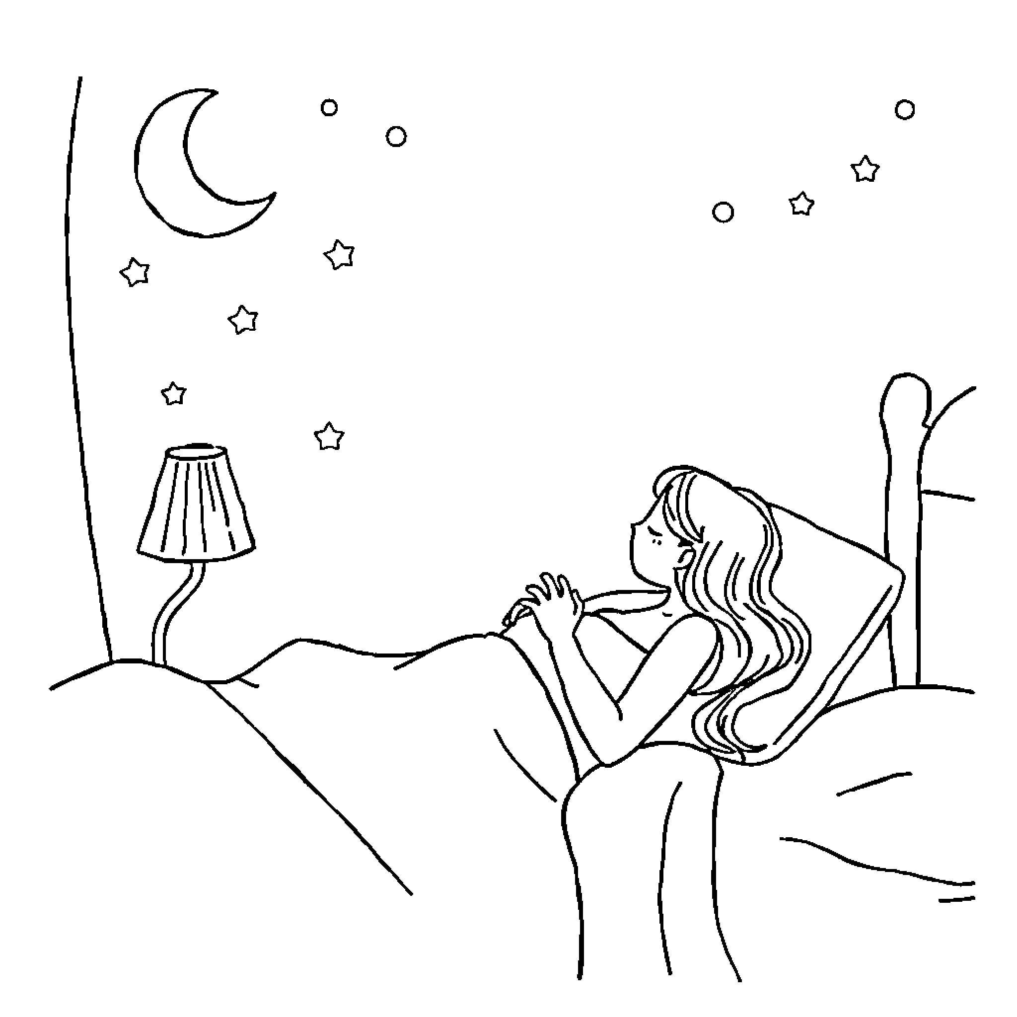 Love under the starry night sky Coloring Page (free black-and-white line drawing printable PDF for all, from beginners to advanced learners, including children, teens, adults, and seniors)