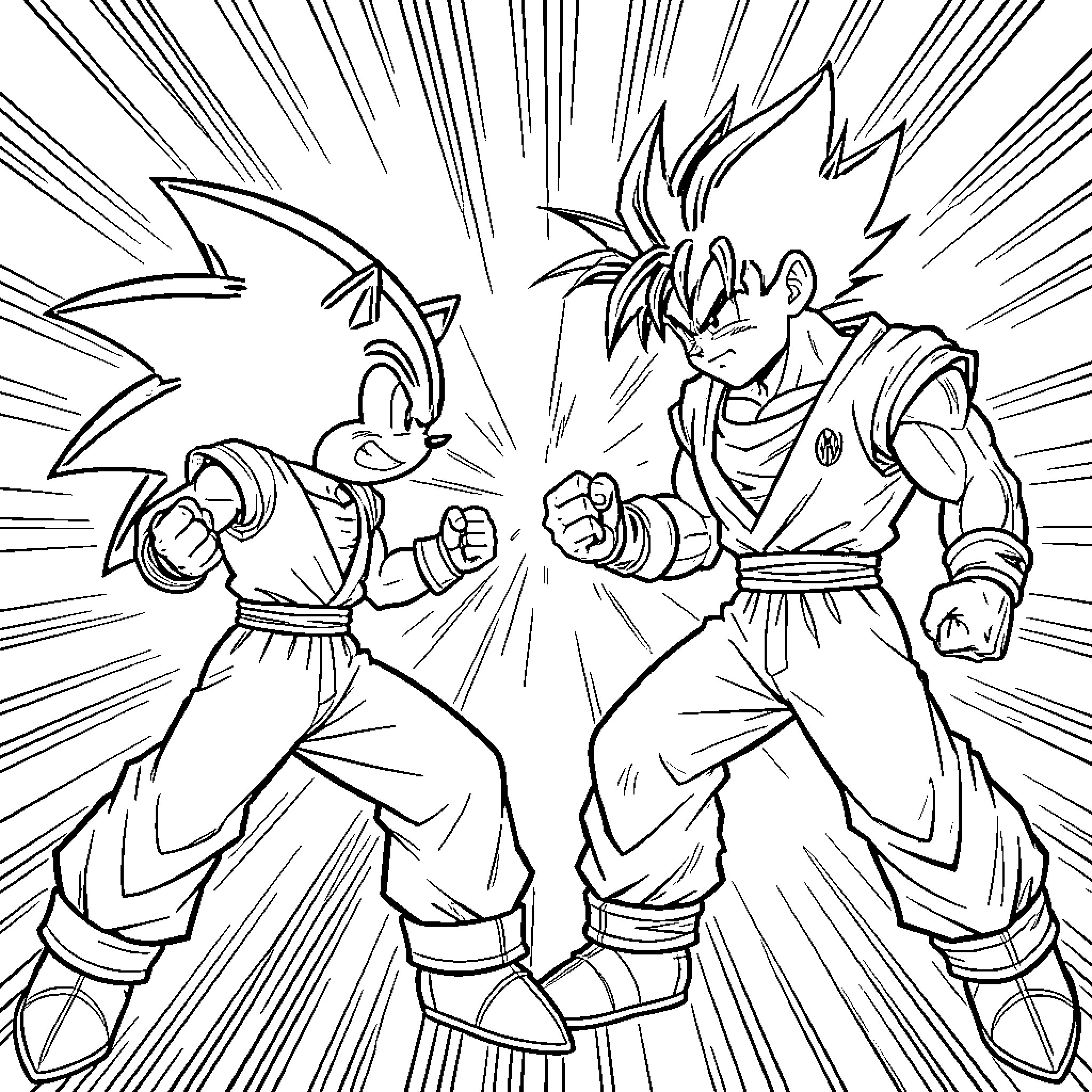 Sonic and an anime fighter facing off in battle Coloring Page (free black-and-white line drawing printable PDF for all, from beginners to advanced learners, including children, teens, adults, and seniors)
