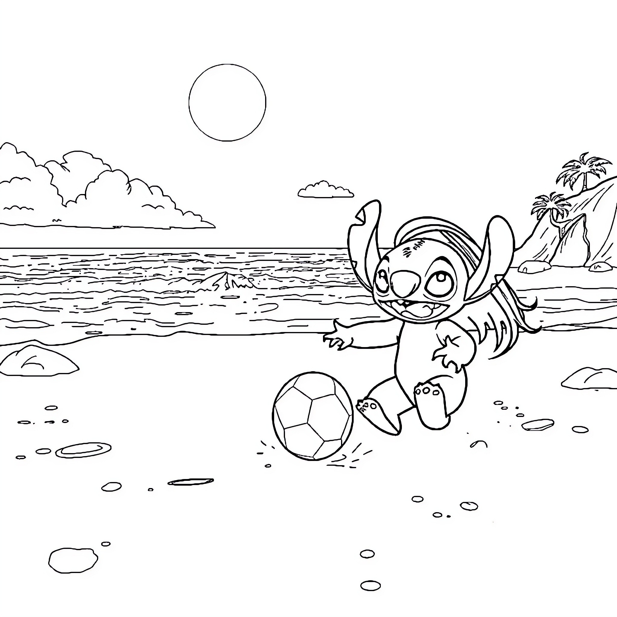 Lilo playing joyfully with a soccer ball on the beach Coloring Page (free black-and-white line drawing printable PDF for all, from beginners to advanced learners, including children, teens, adults, and seniors)