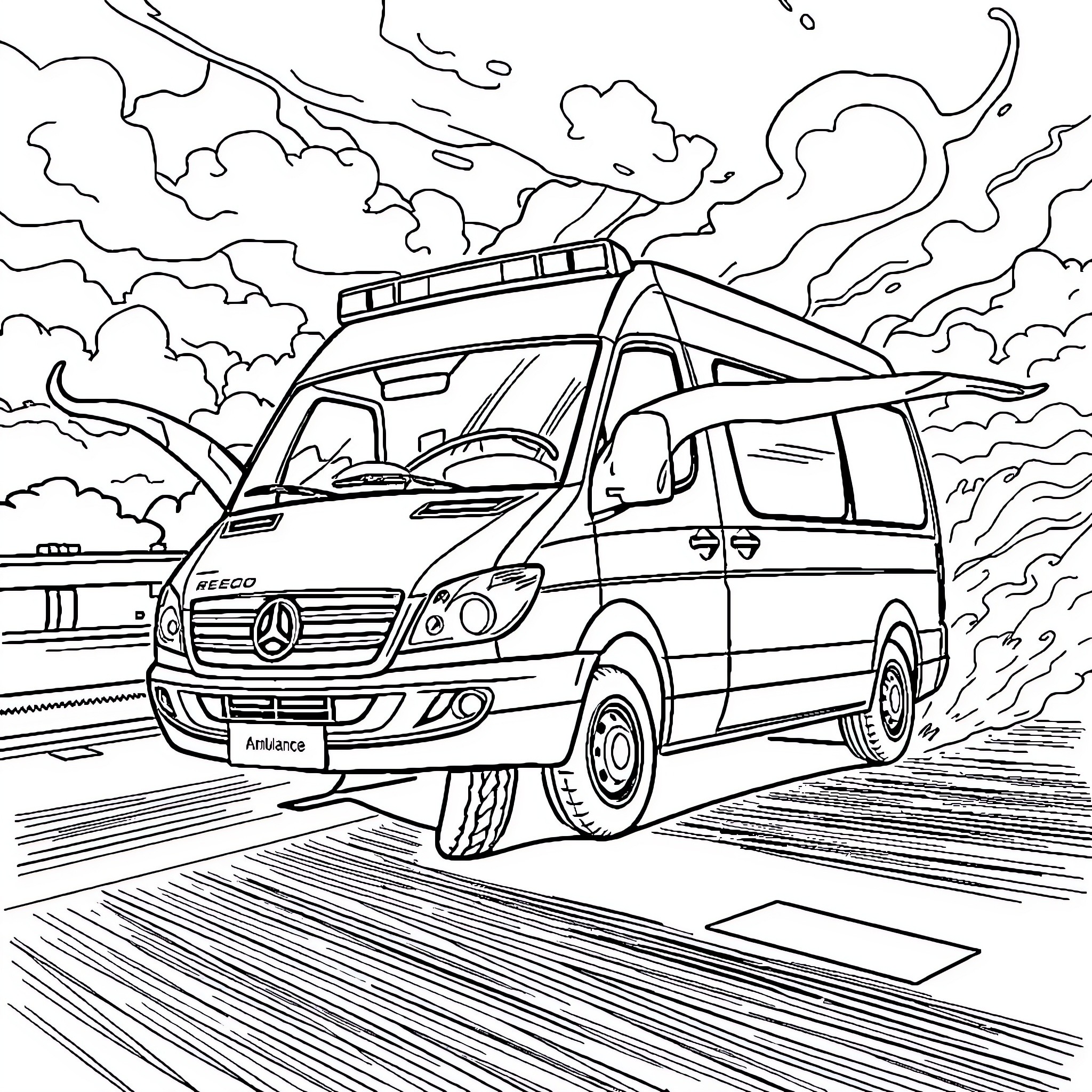 Ambulance responding to an emergency with urgency Coloring Page (free black-and-white line drawing printable PDF for all, from beginners to advanced learners, including children, teens, adults, and seniors)