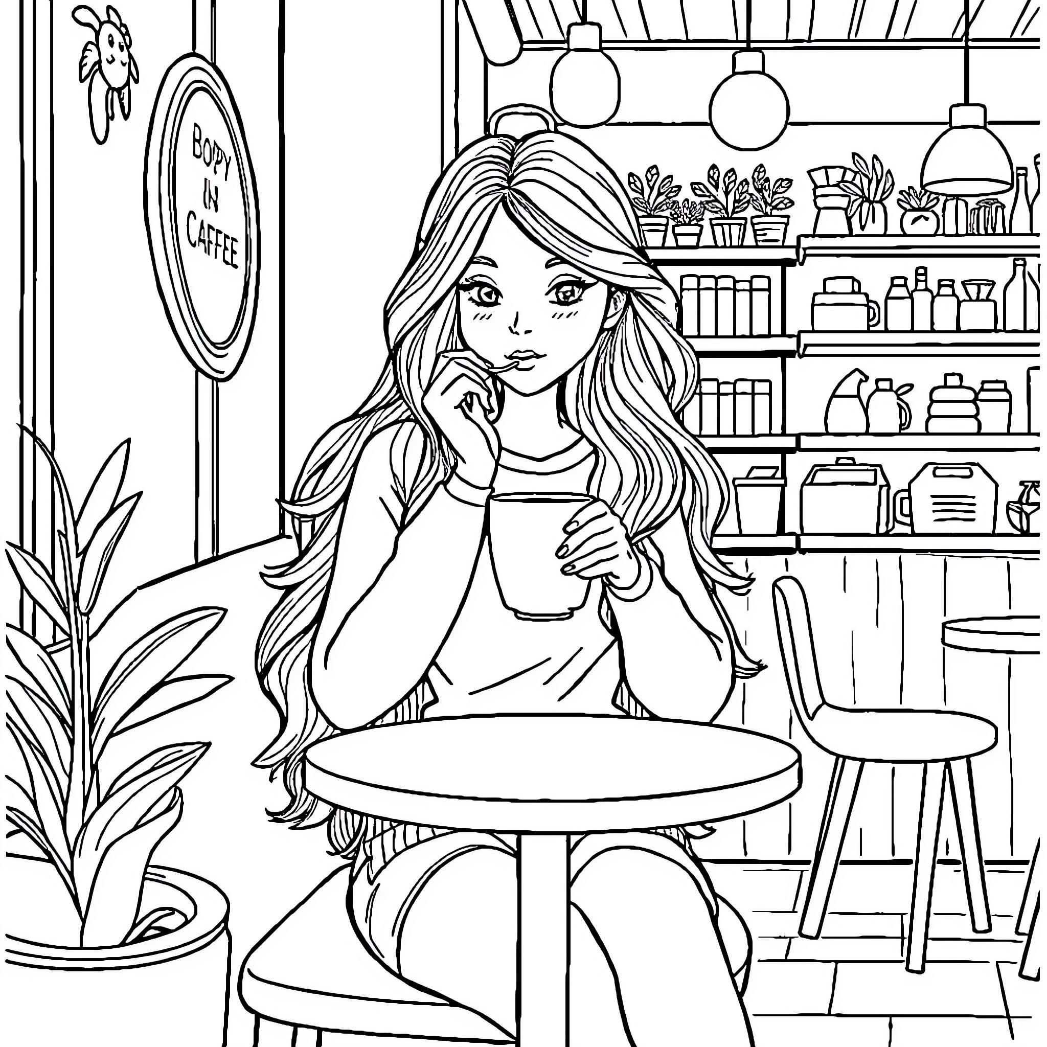 Girl enjoying a moment in the cafe Coloring Page (free black-and-white line drawing printable PDF for all, from beginners to advanced learners, including children, teens, adults, and seniors)