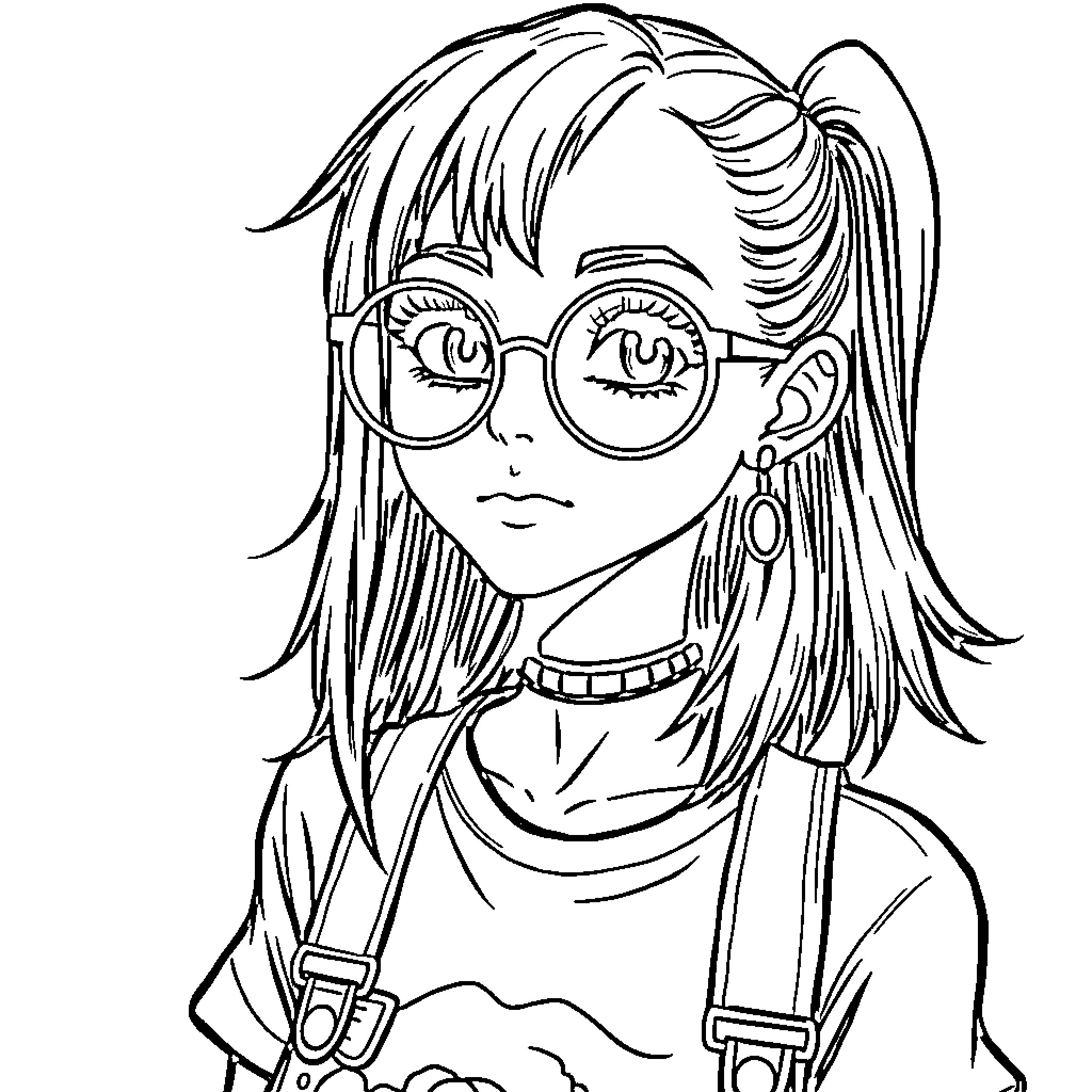 Girl with glasses and unique hairstyle Coloring Page (free black-and-white line drawing printable PDF for all, from beginners to advanced learners, including children, teens, adults, and seniors)