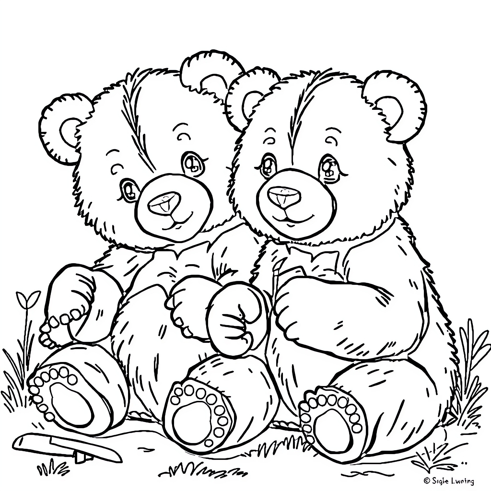 Bear siblings snuggling in the wilderness Coloring Page (free black-and-white line drawing printable PDF for all, from beginners to advanced learners, including children, teens, adults, and seniors)