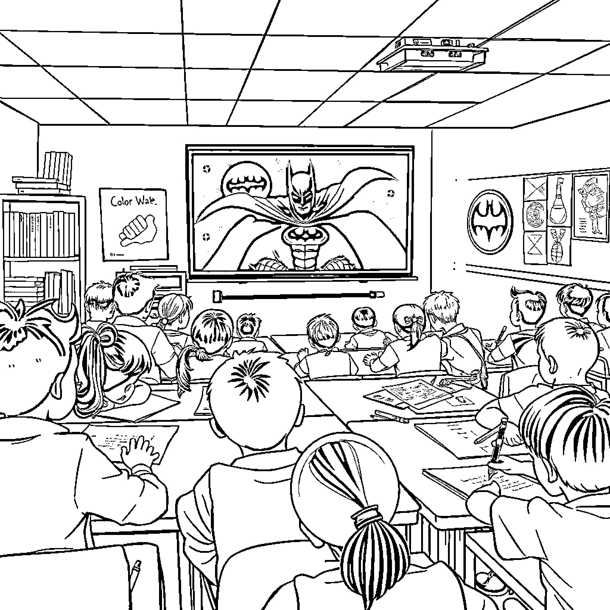 Students Engaged in Educational Activities in Classroom Coloring Page (free black-and-white line drawing printable PDF for all, from beginners to advanced learners, including children, teens, adults, and seniors)