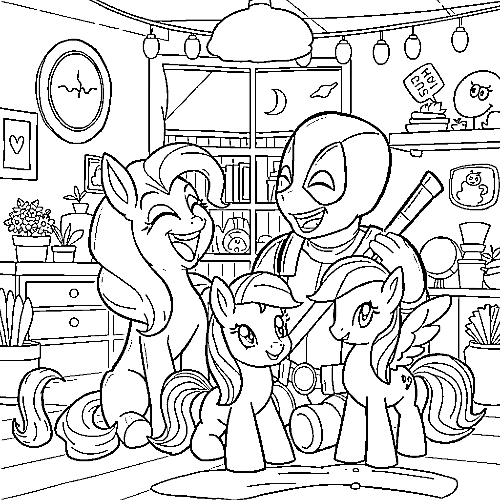 Deadpool's Whimsical Encounter with Cartoon Ponies Coloring Page (free black-and-white line drawing printable PDF for all, from beginners to advanced learners, including children, teens, adults, and seniors)