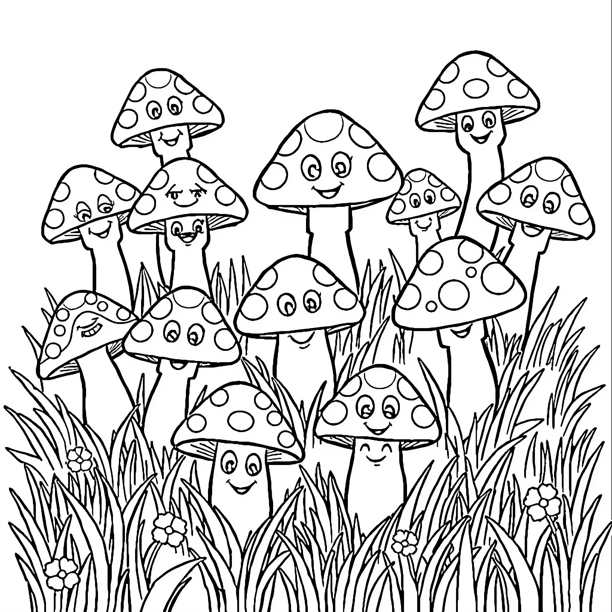 Mushroom characters in a playful forest scene Coloring Page (free black-and-white line drawing printable PDF for all, from beginners to advanced learners, including children, teens, adults, and seniors)