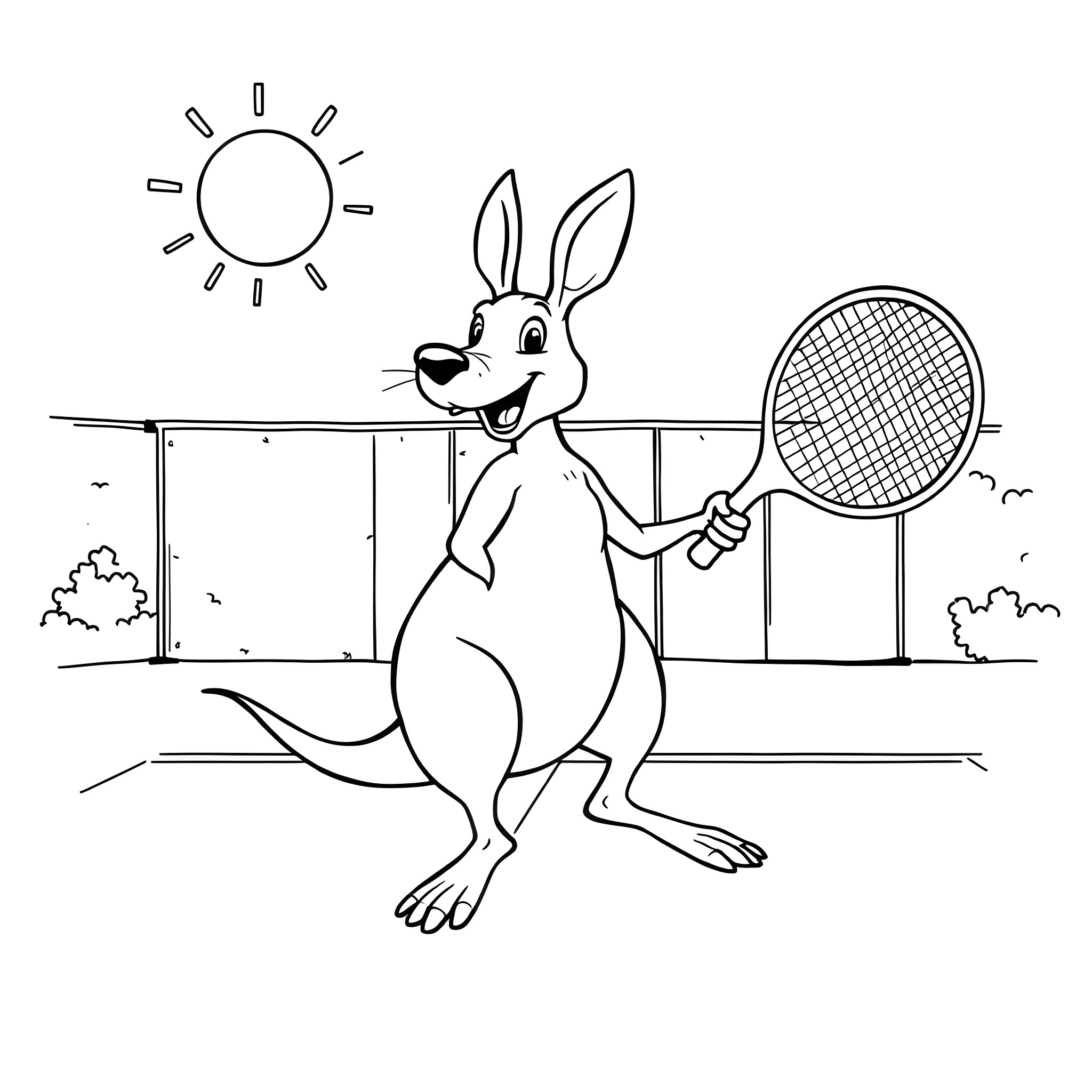 Kangaroo playing tennis in the park Coloring Page (free black-and-white line drawing printable PDF for all, from beginners to advanced learners, including children, teens, adults, and seniors)