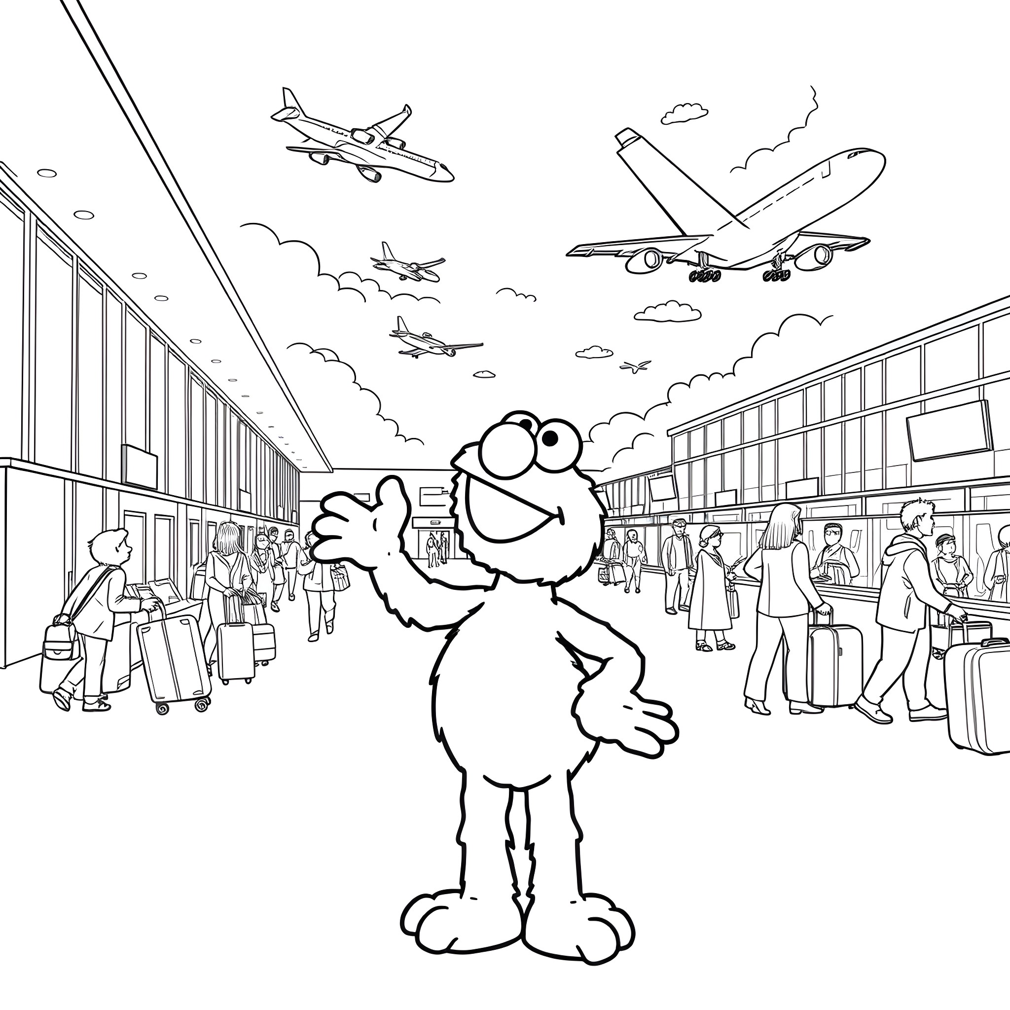 Elmo's Exciting Airport Adventure Coloring Page (free black-and-white line drawing printable PDF for all, from beginners to advanced learners, including children, teens, adults, and seniors)