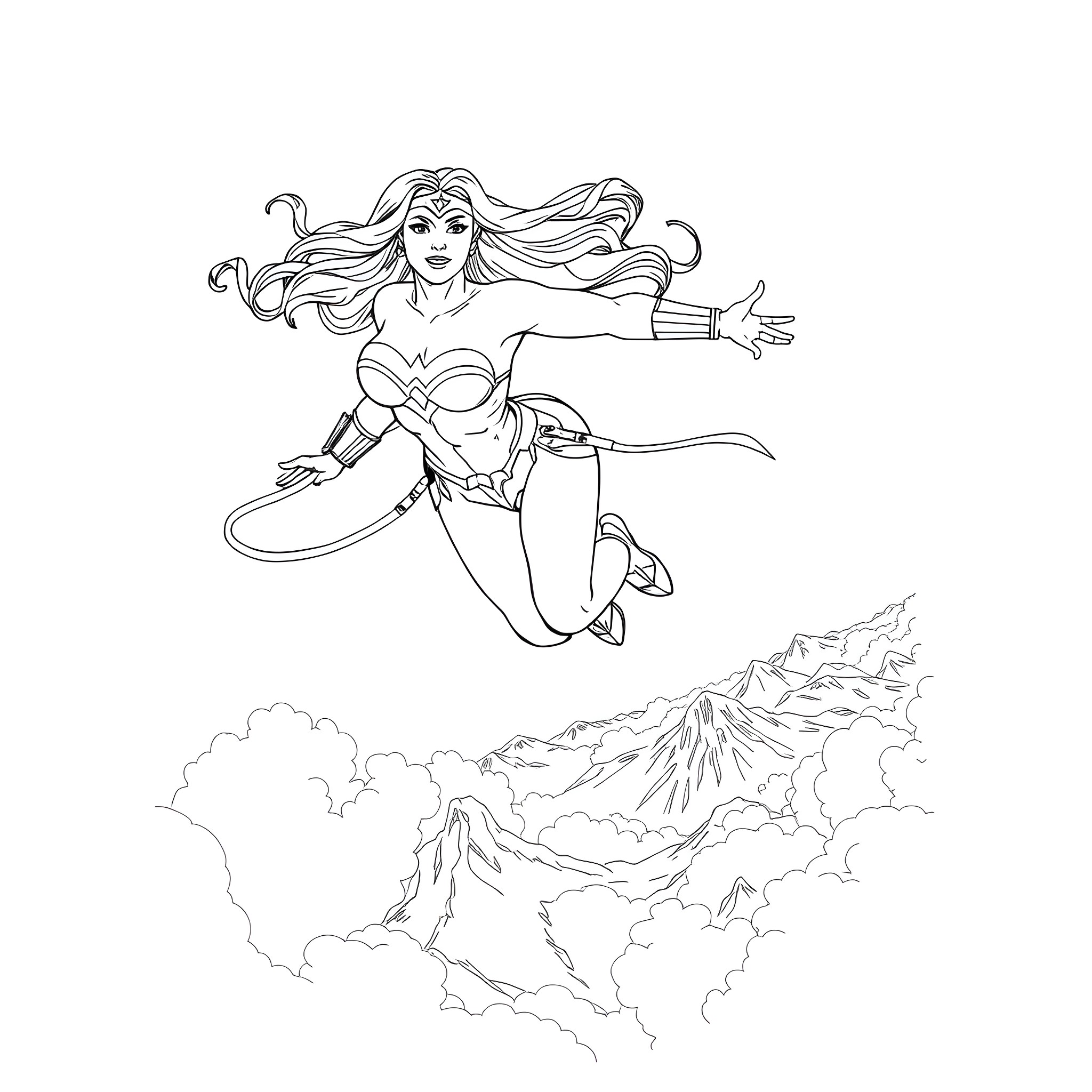 Wonder Woman heroically soaring through the skies Coloring Page (free black-and-white line drawing printable PDF for all, from beginners to advanced learners, including children, teens, adults, and seniors)
