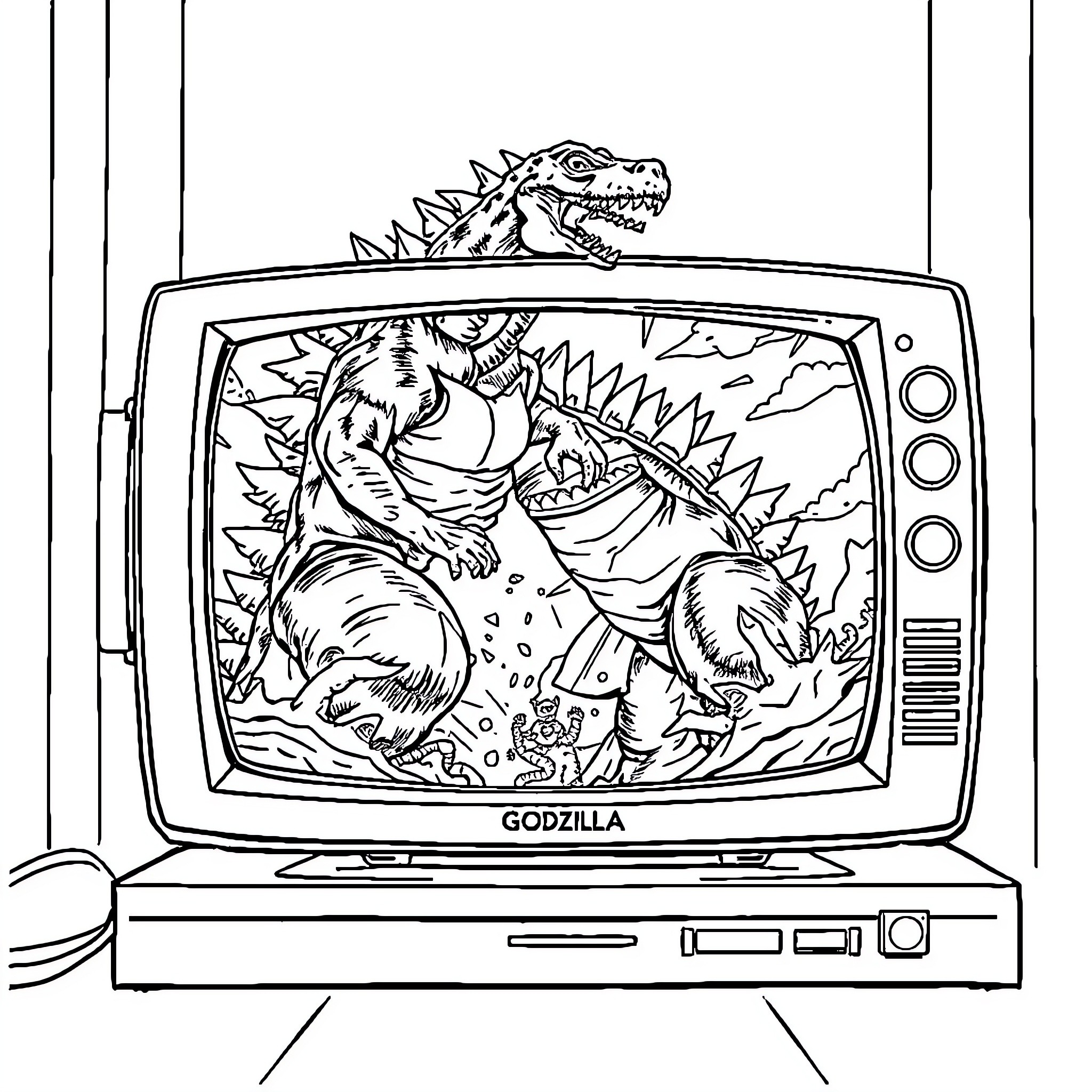 Godzilla destroying city on television Coloring Page (free black-and-white line drawing printable PDF for all, from beginners to advanced learners, including children, teens, adults, and seniors)