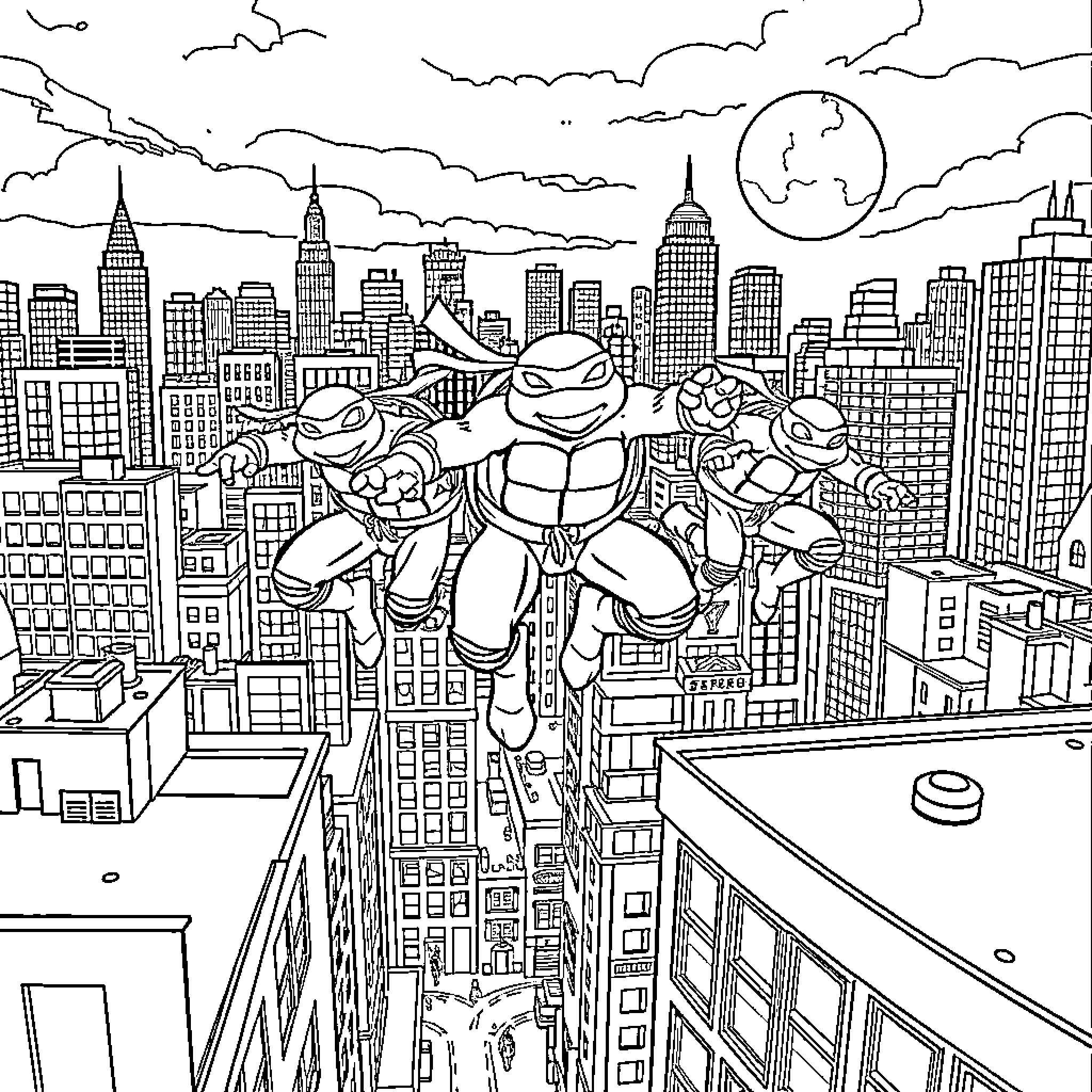 Teenage Mutant Ninja Turtles leap across New York cityscape Coloring Page (free black-and-white line drawing printable PDF for all, from beginners to advanced learners, including children, teens, adults, and seniors)
