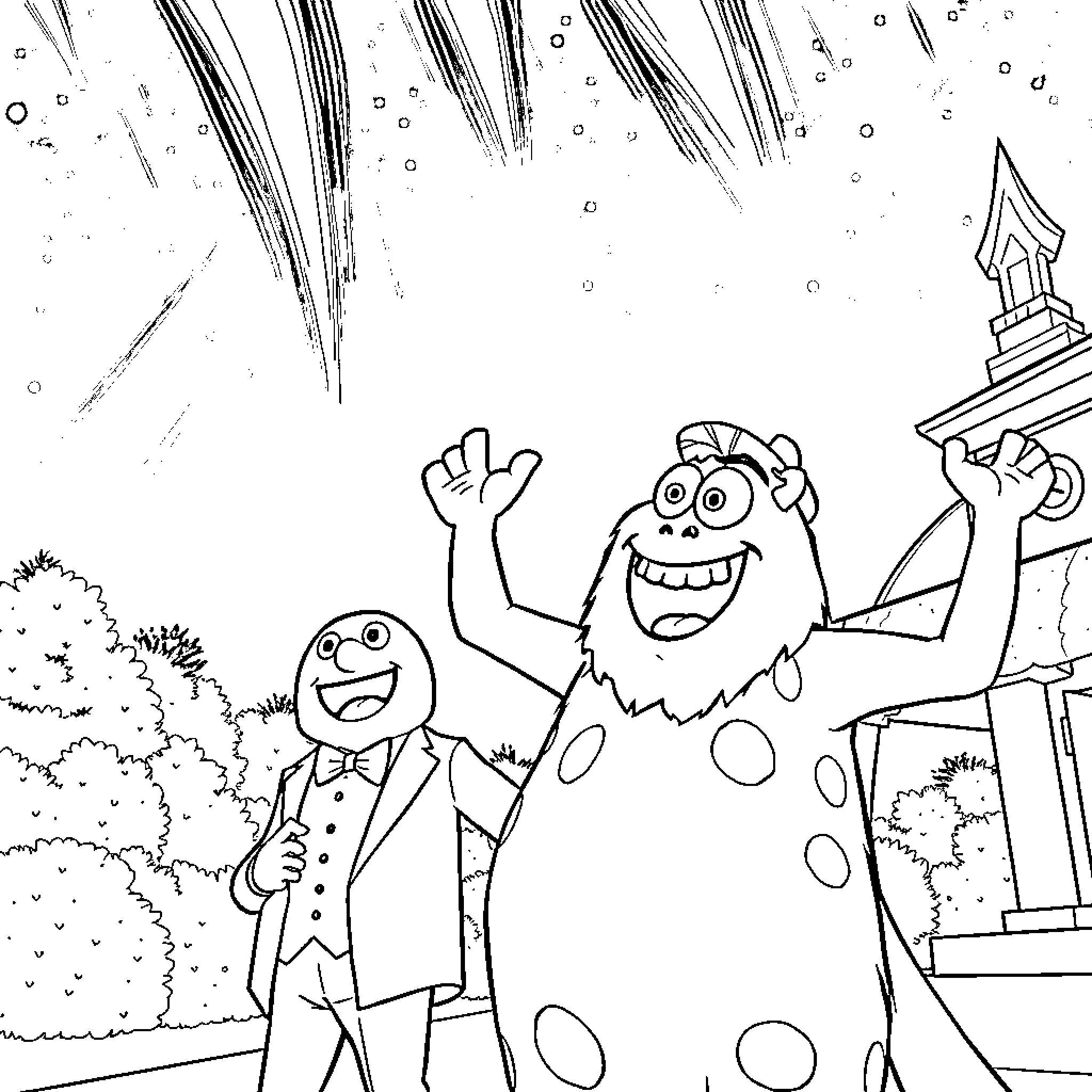Mike And Sully Celebrating Joyfully Coloring Page (free black-and-white line drawing printable PDF for all, from beginners to advanced learners, including children, teens, adults, and seniors)