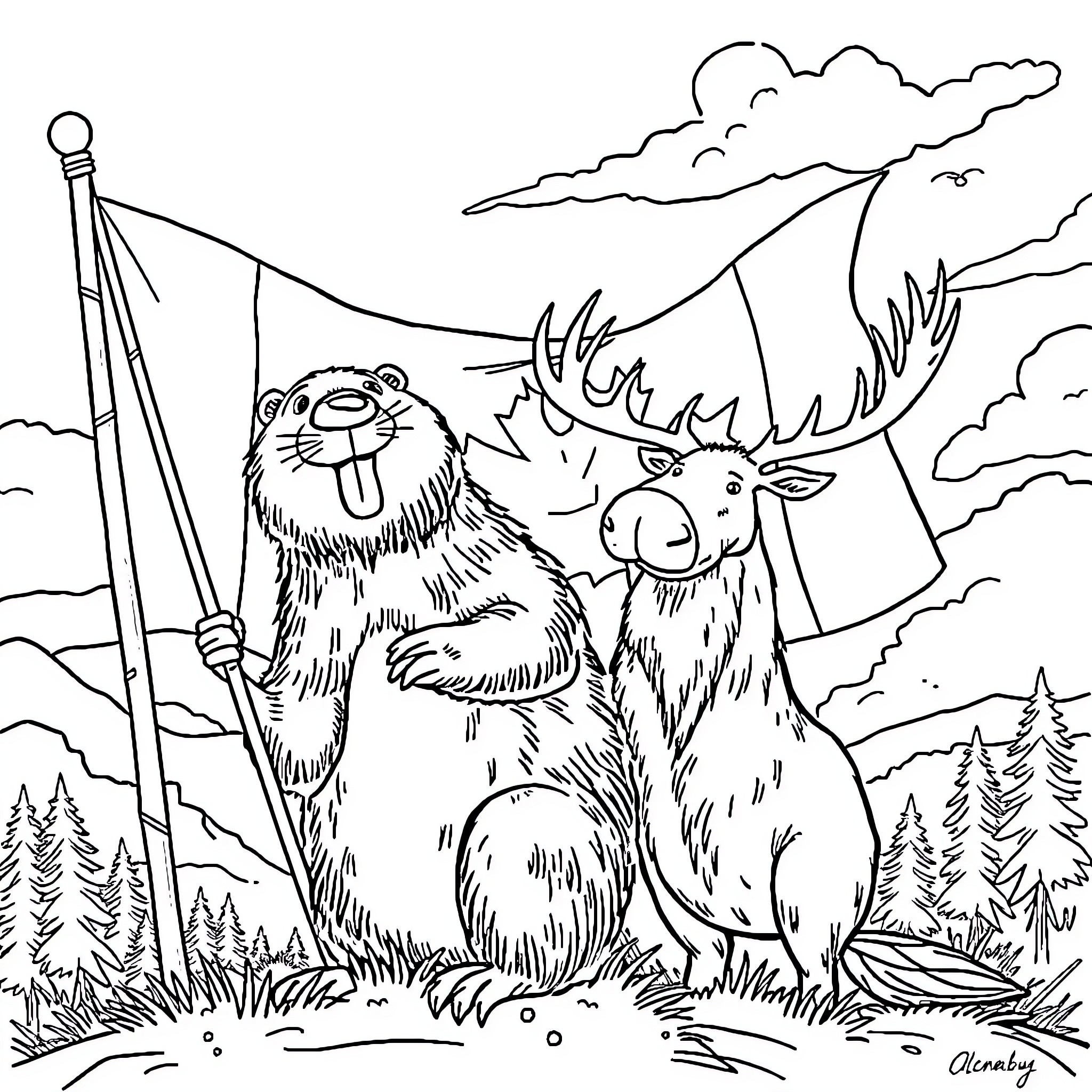 Beaver and deer friends in the wilderness Coloring Page (free black-and-white line drawing printable PDF for all, from beginners to advanced learners, including children, teens, adults, and seniors)