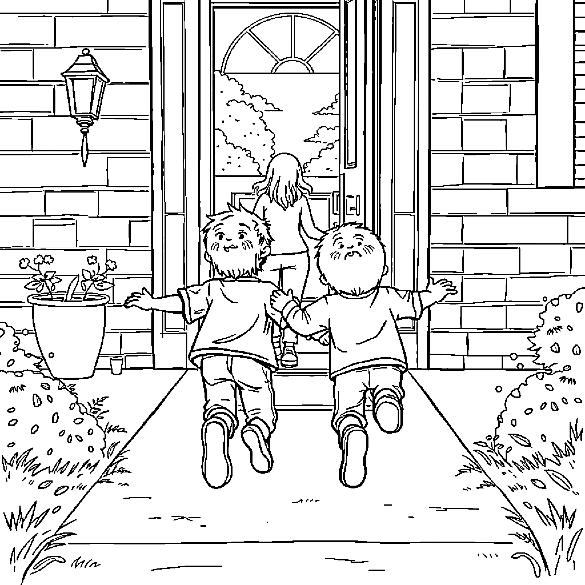 Boy and girl playing outside on a sunny day Coloring Page (free black-and-white line drawing printable PDF for all, from beginners to advanced learners, including children, teens, adults, and seniors)